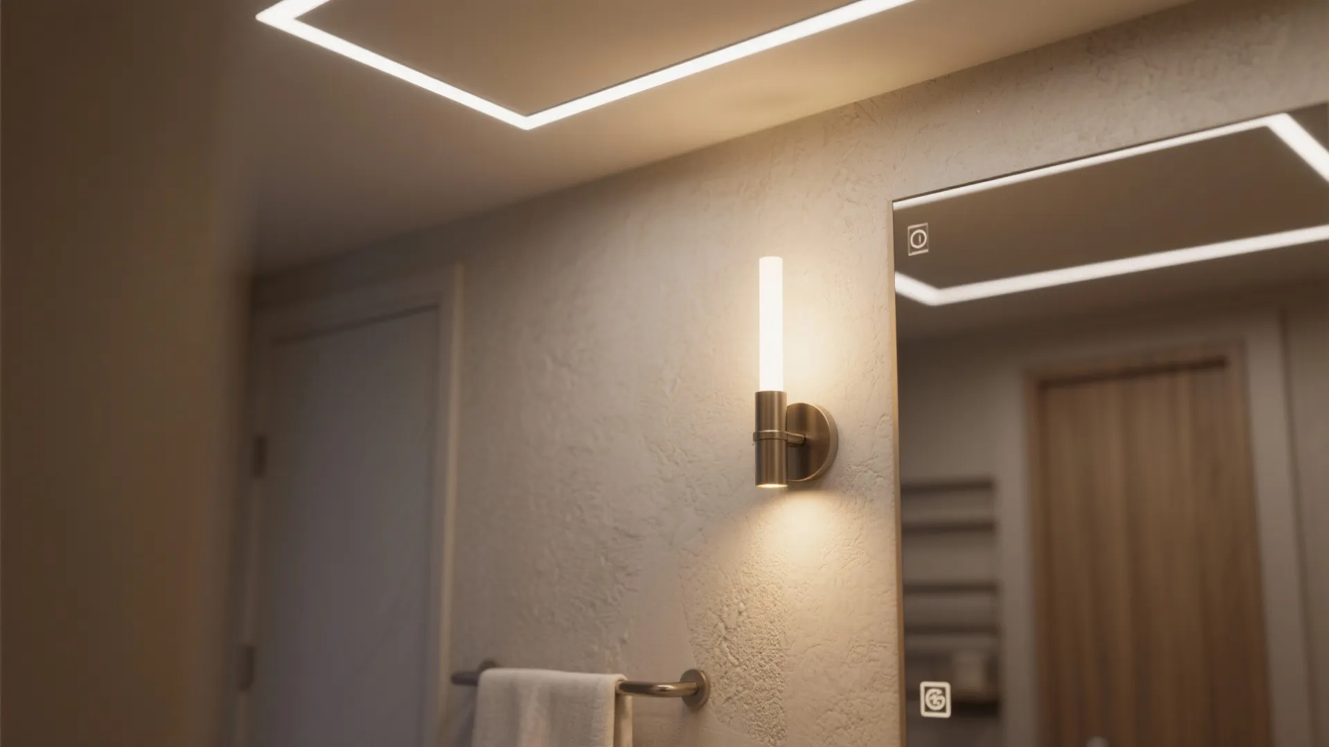 1. Ceiling-mounted LED panel + vanity wall sconce