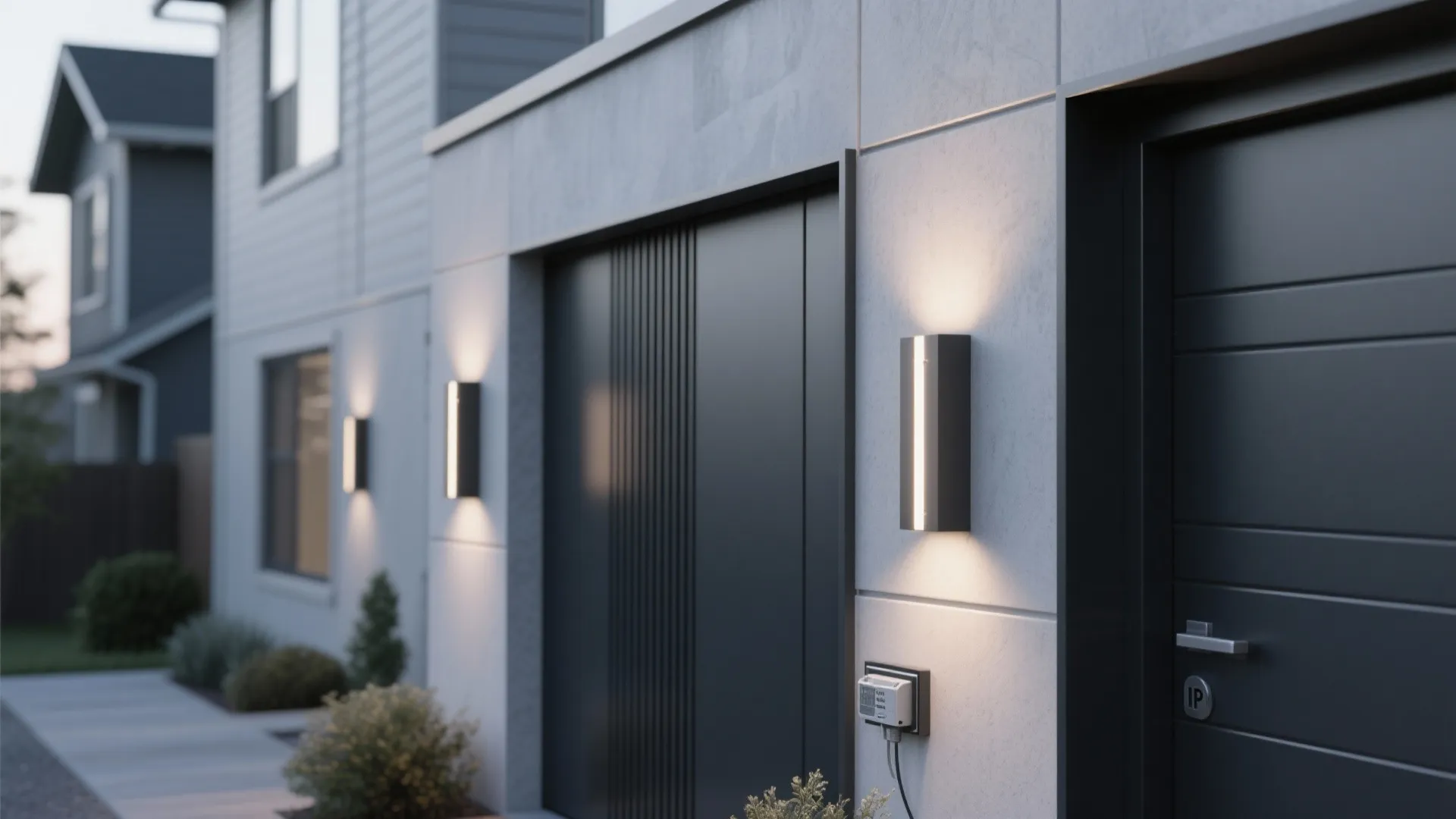 Minimalist townhouse facade with slim integrated LED panel sconces creating clean, even illumination.