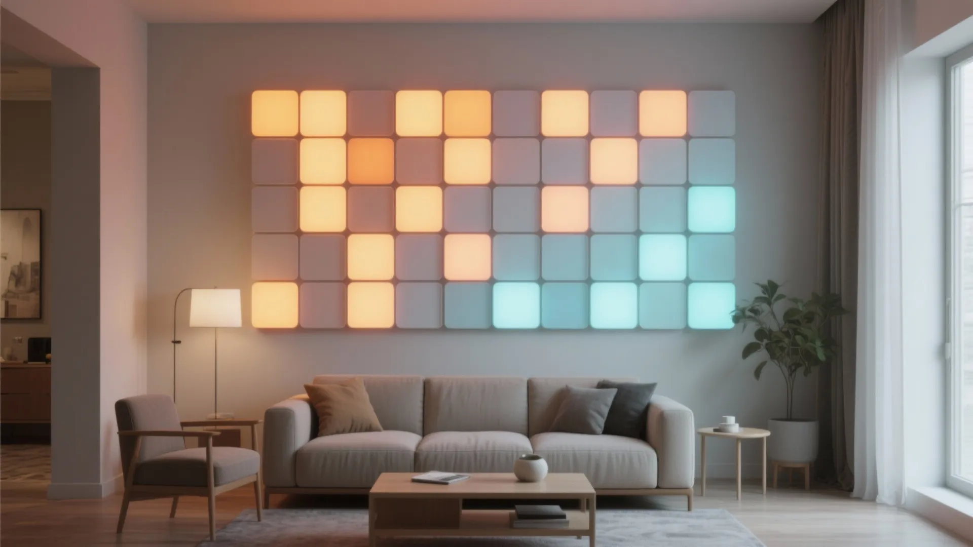 Living room accent wall with modular LED panels arranged in a pixel pattern