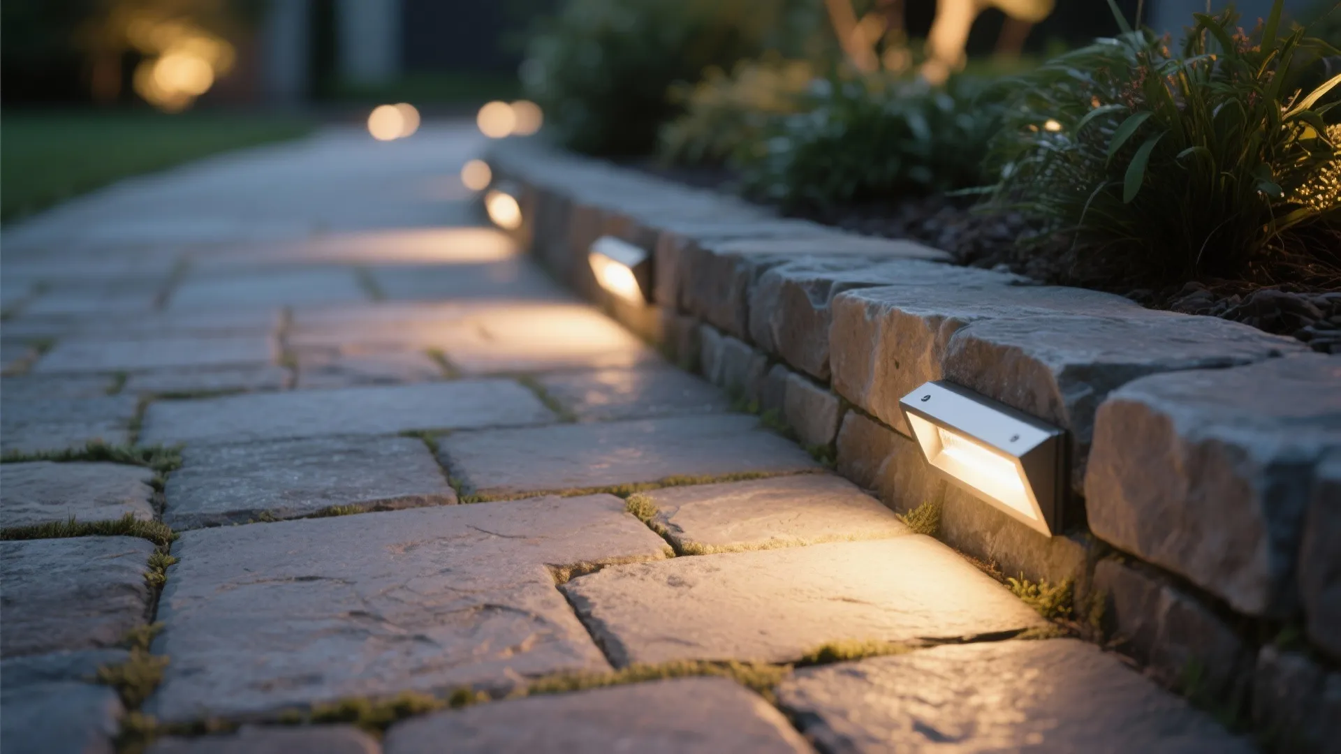 Close-up of low-voltage LED path lights in stone edging with warm glow