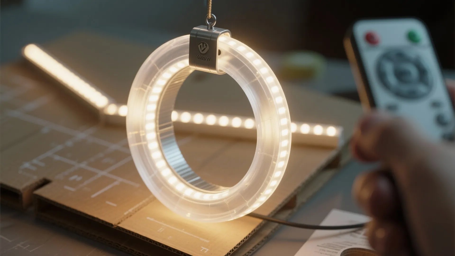 Round glowing ceiling light ring held above cardboard pieces with a remote control in hand