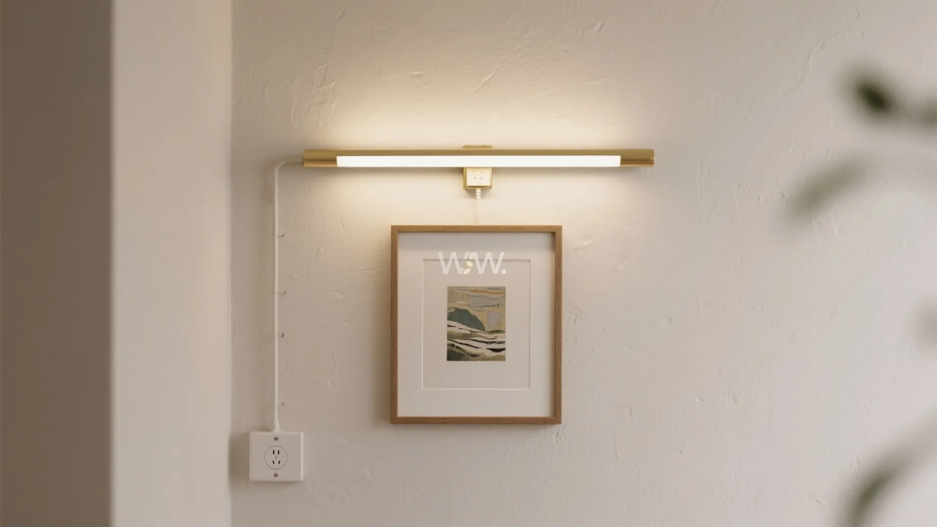 Slim plug-in LED picture light illuminating framed art on a neutral wall