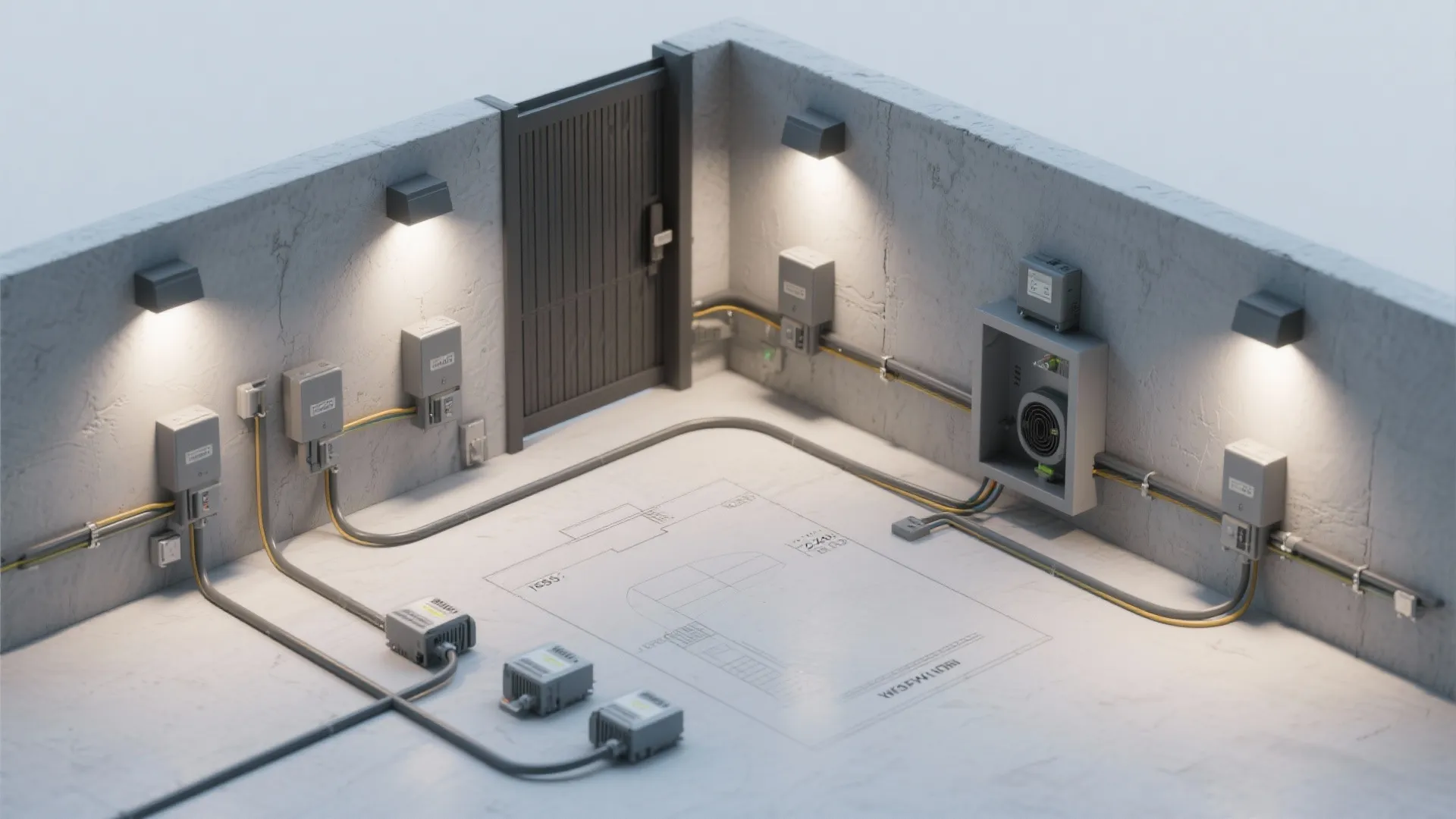 Interior design drawing showing outdoor wall light fixtures electrical boxes and wires in a small courtyard