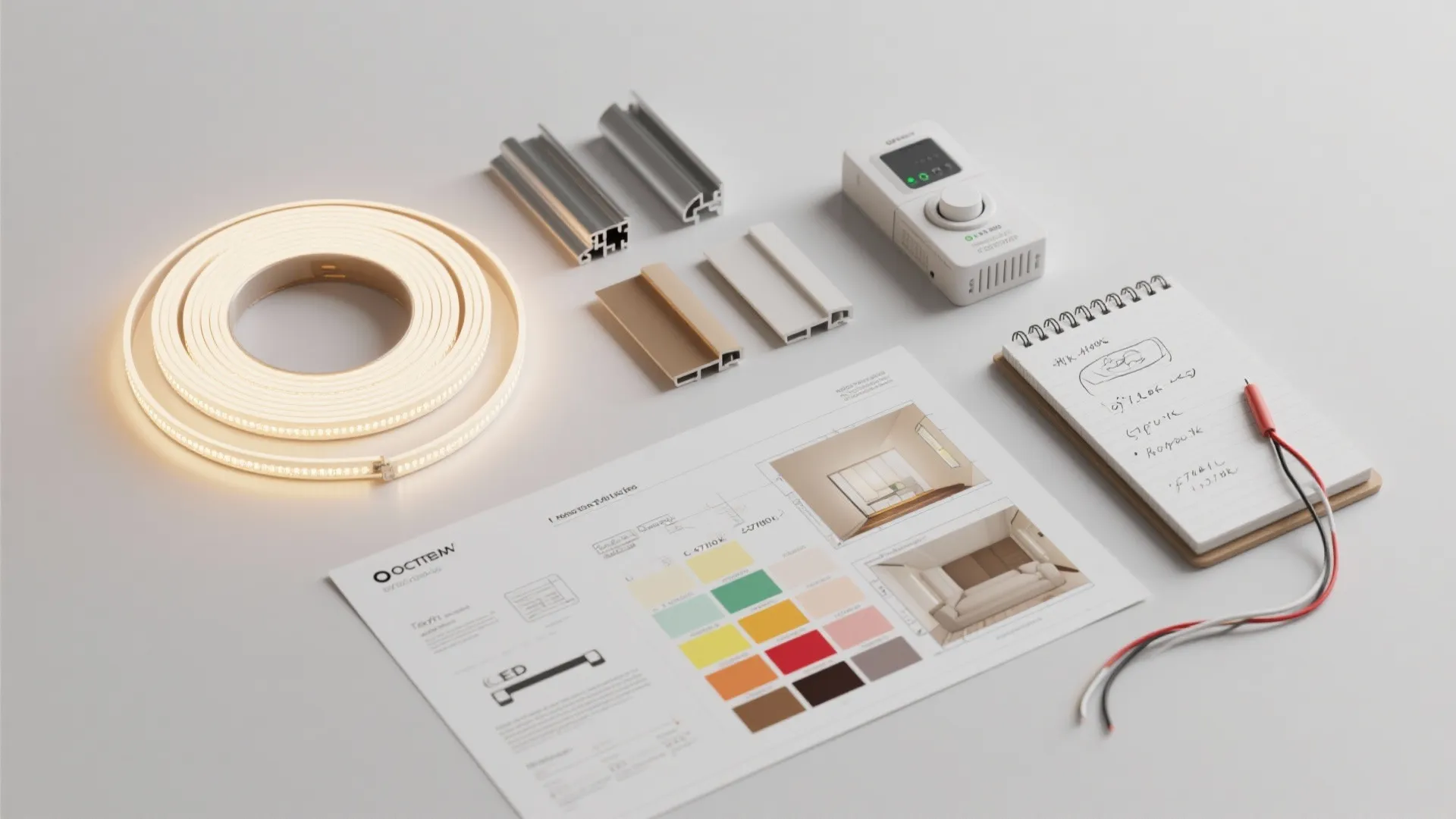 Flatlay showing LED strip light coil, metal parts, remote controller, notepad, and interior design drawing