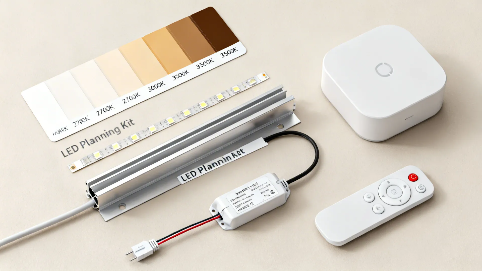 Flatlay of LED samples, color temperature swatches, driver, and channels for planning installations