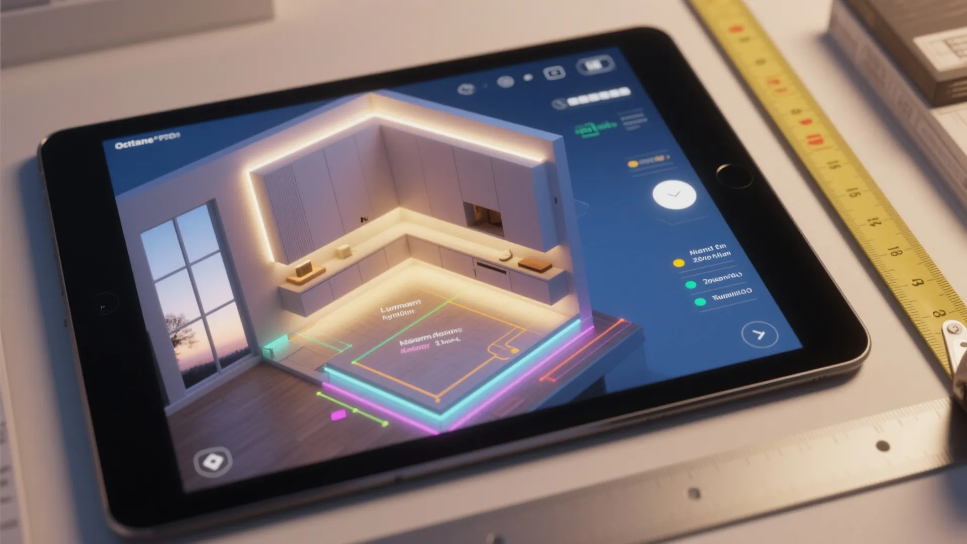 Top-down floorplan mockup showing recommended LED placement, lumen and Kelvin notes with tablet visualizer.