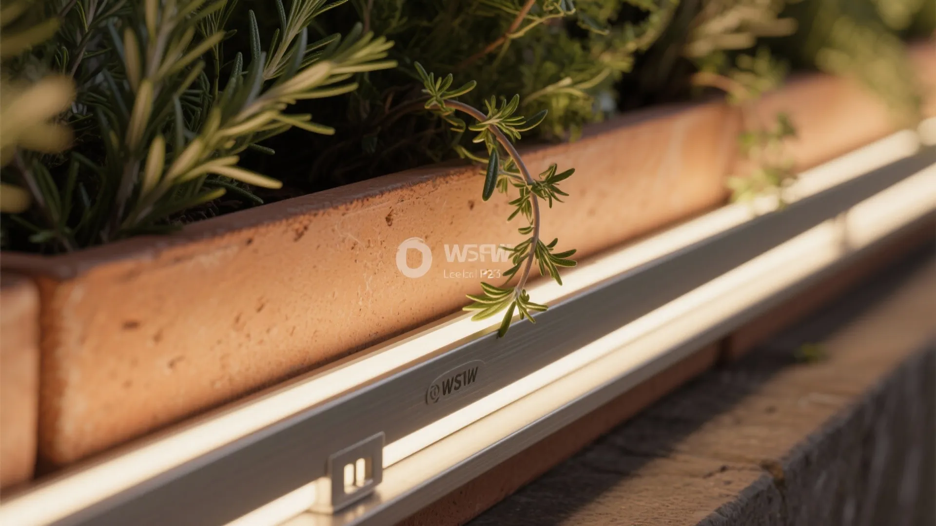 Macro of planter-integrated IP65 LED strip under lip, herbs casting delicate warm shadows on balcony.