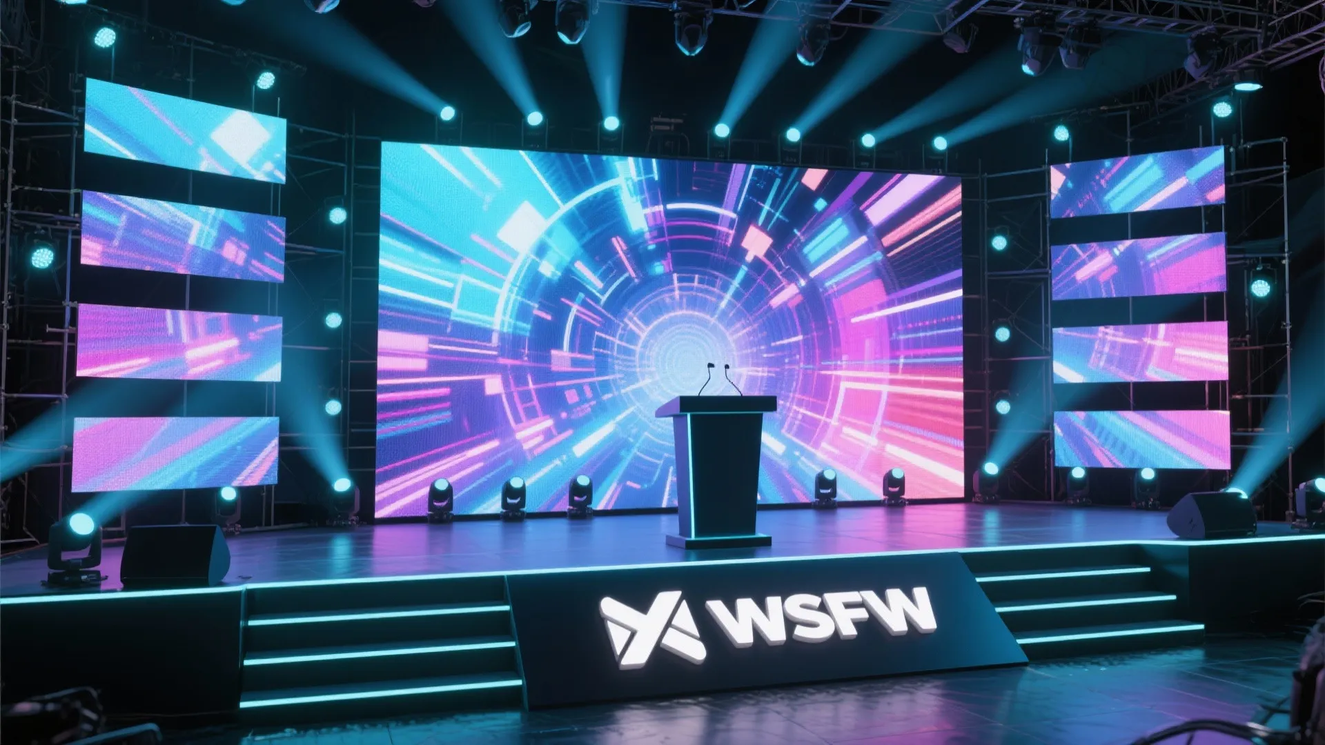 Modern event stage with colorful LED tunnel screen and black podium with two small microphones