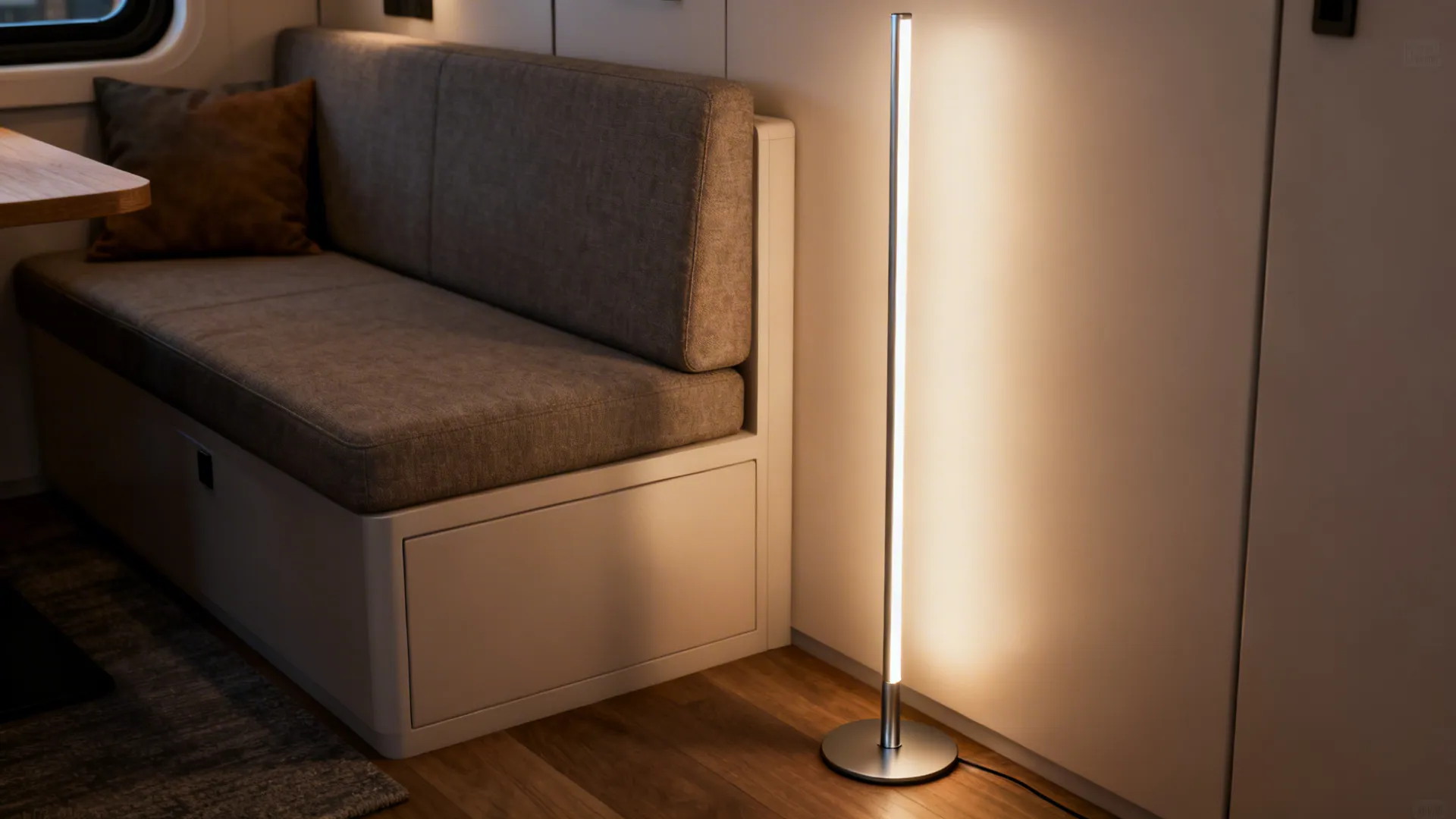 4. Integrated LED pole lamp for minimalist spaces