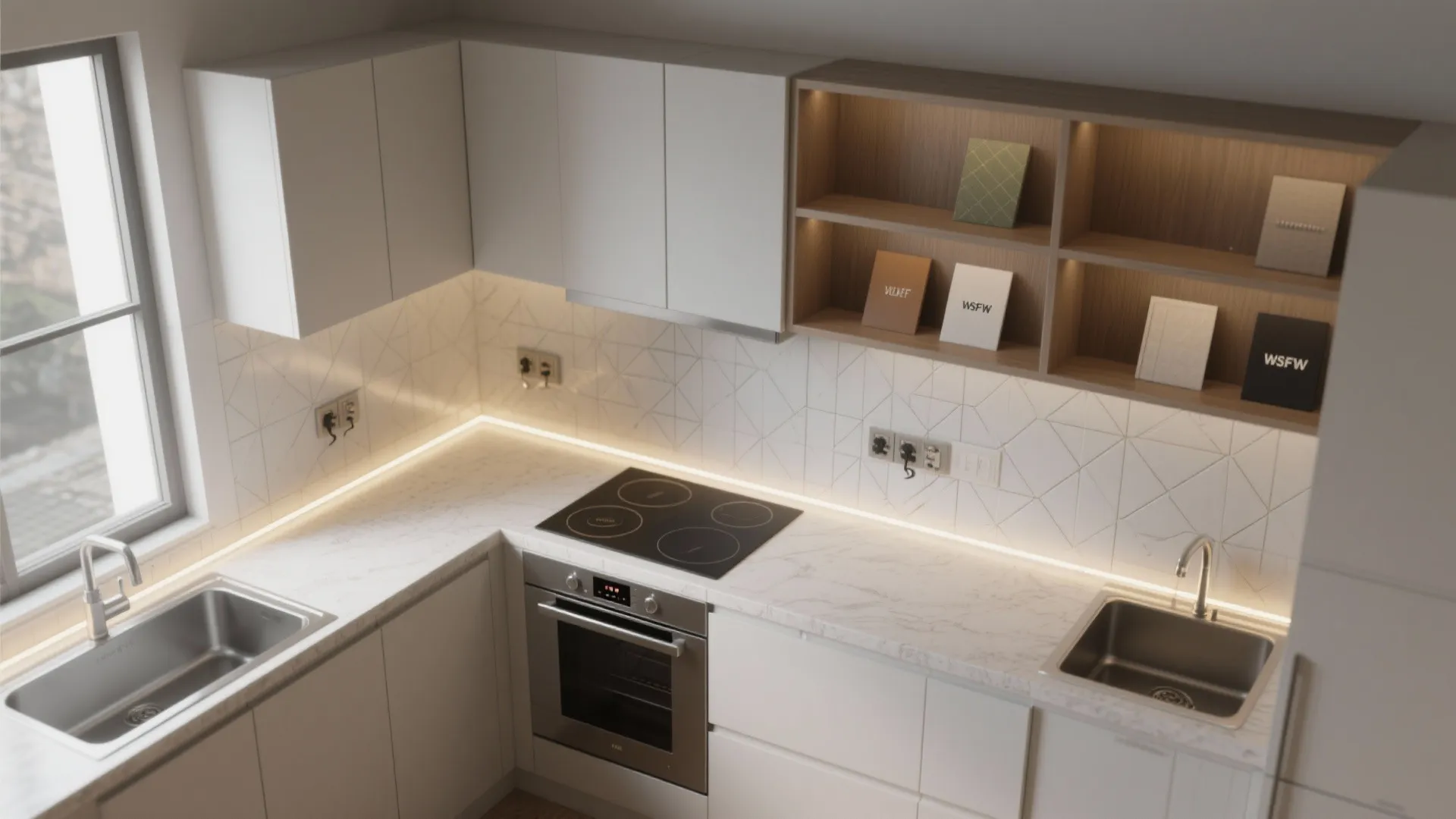 Under-Cab LED Strips + Matte Geometric Wallpaper