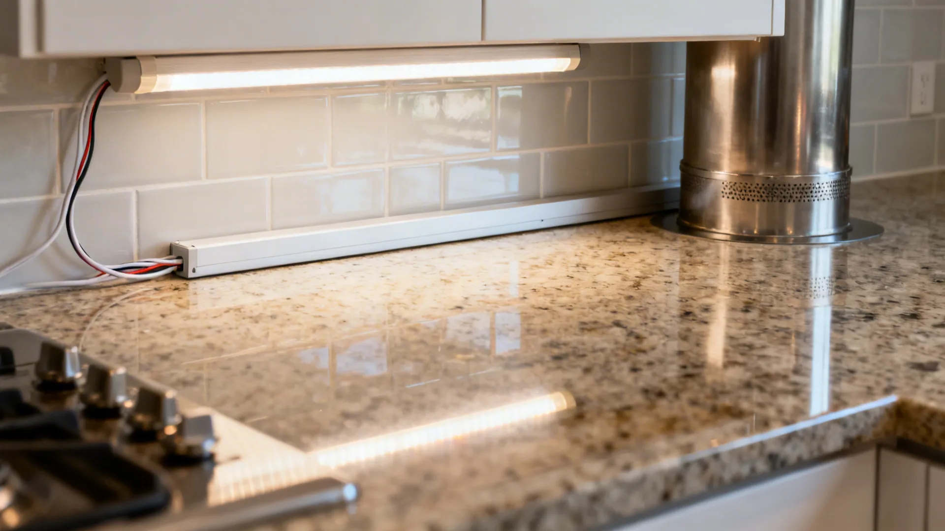 Macro of an under-cabinet LED profile evenly lighting a quartz counter near a chimney intake.