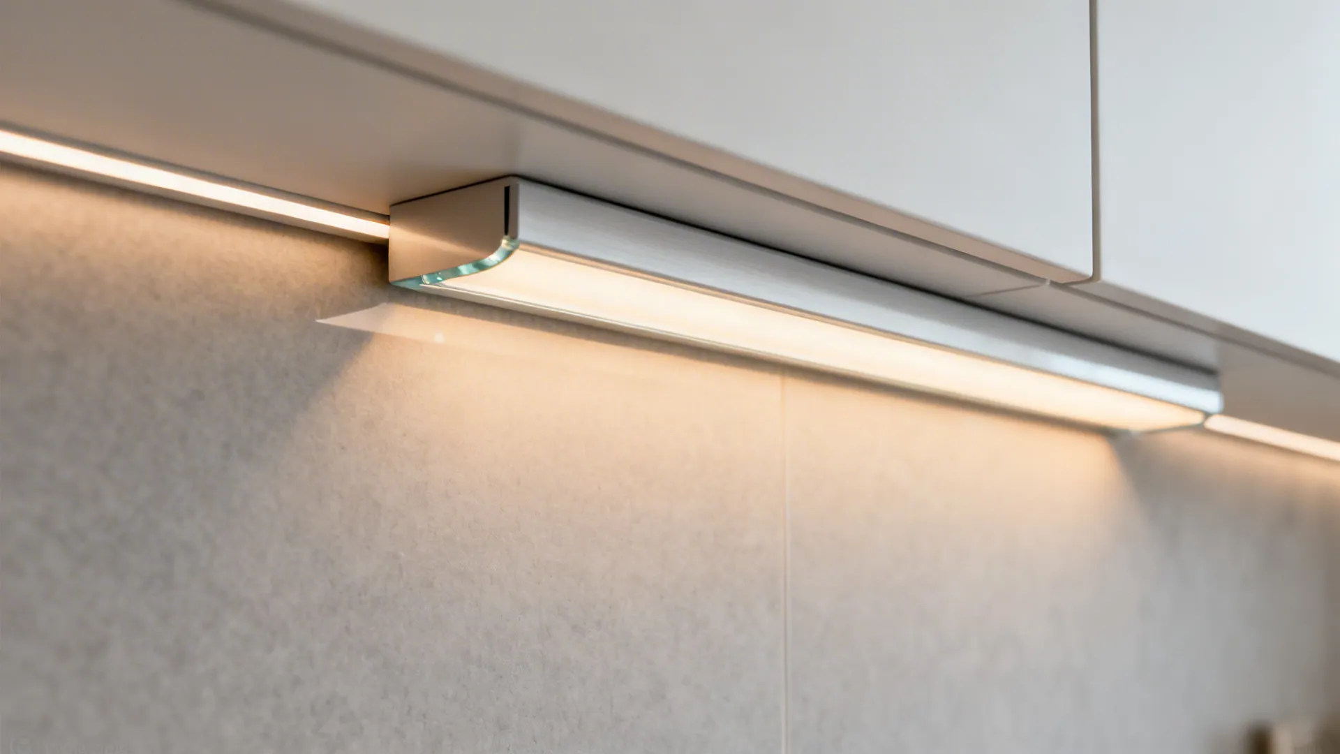 Macro of a diffused under-cabinet LED profile casting even warm light on glass.