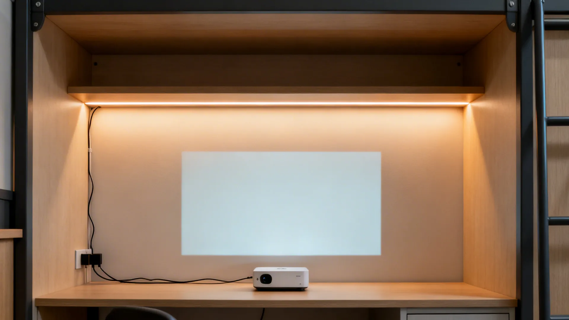 Tunable LED strip creates a soft glow while a matte wall doubles as a projection screen in a hostel room.