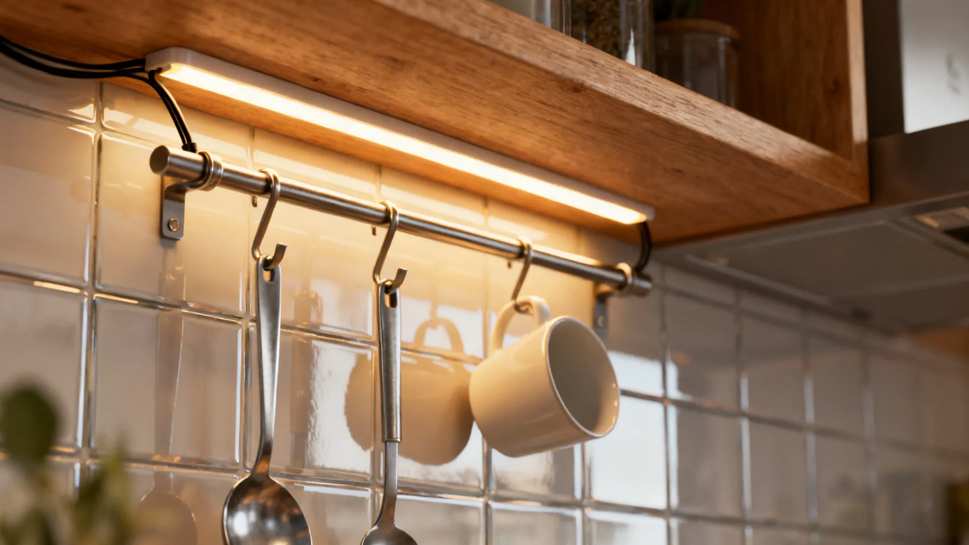 Under cabinet light fixture illuminating a white tiled wall with hanging kitchen tools and white mugs