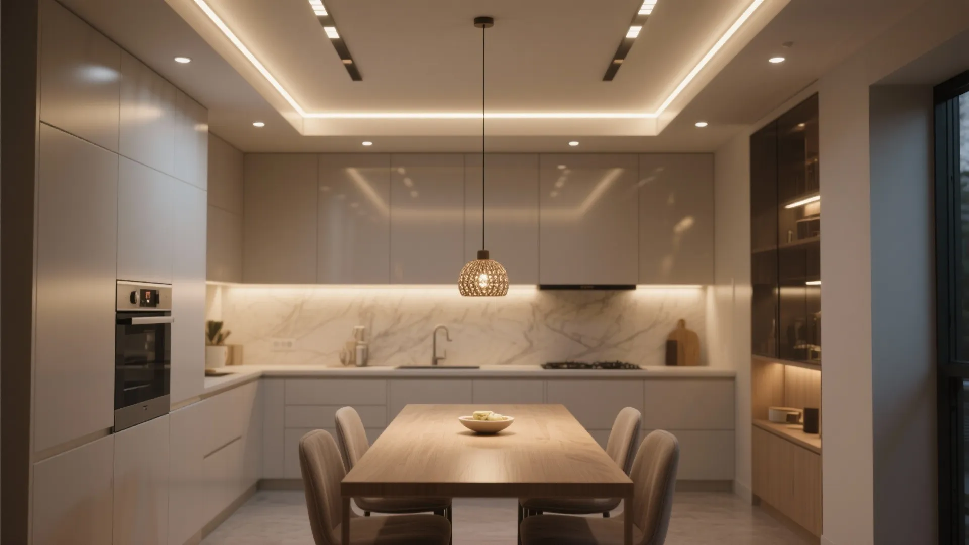 5. Integrated LED rails or recessed downlights with pendant accents