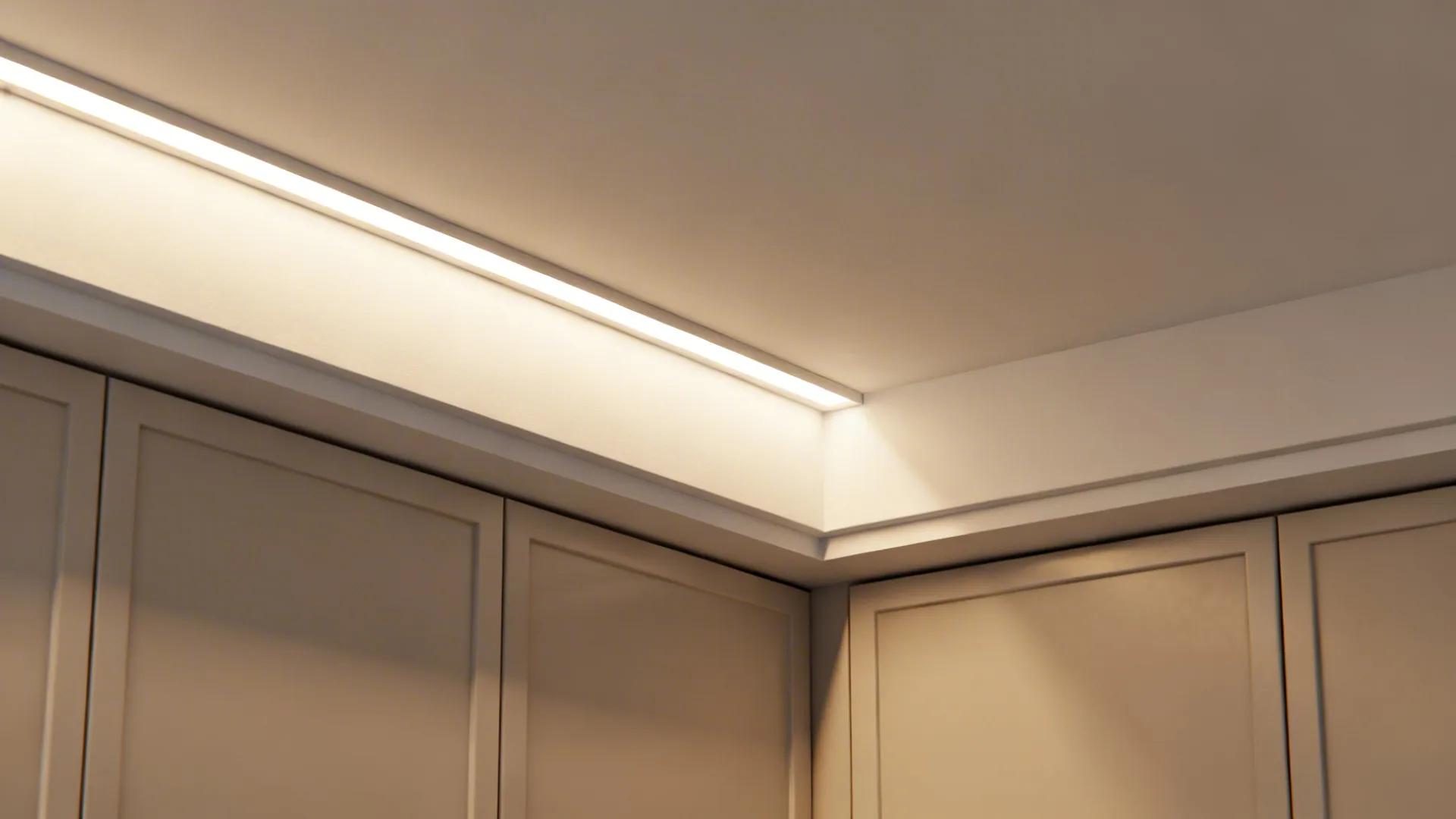 Macro view of a slim recessed LED ceiling channel with warm even illumination and clean gypsum finish.