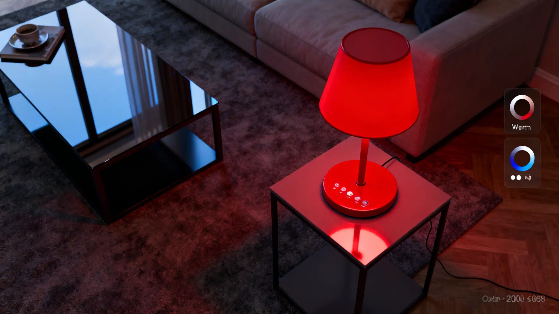 Top-down view of an LED red table lamp with temperature controls on a small side table in a compact living room.