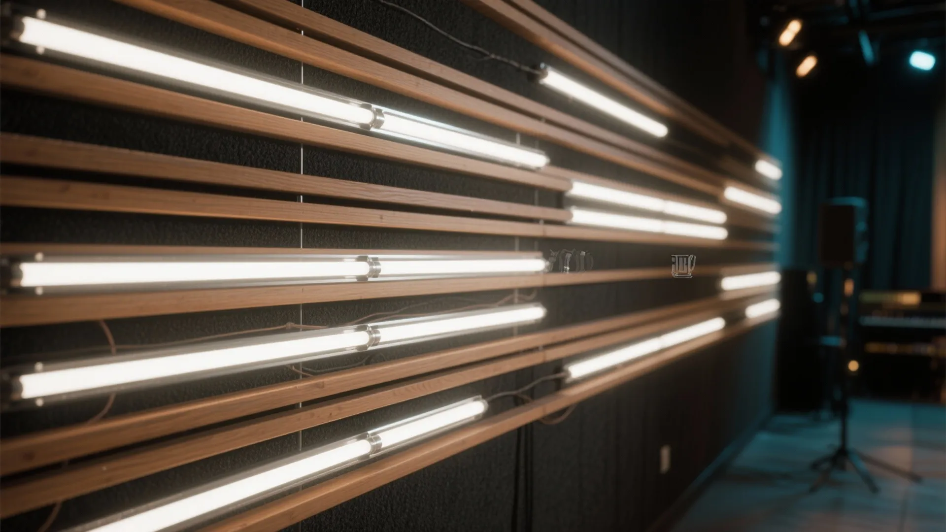 Modern dark studio wall with horizontal wood slats and bright linear light fixtures for creative lighting