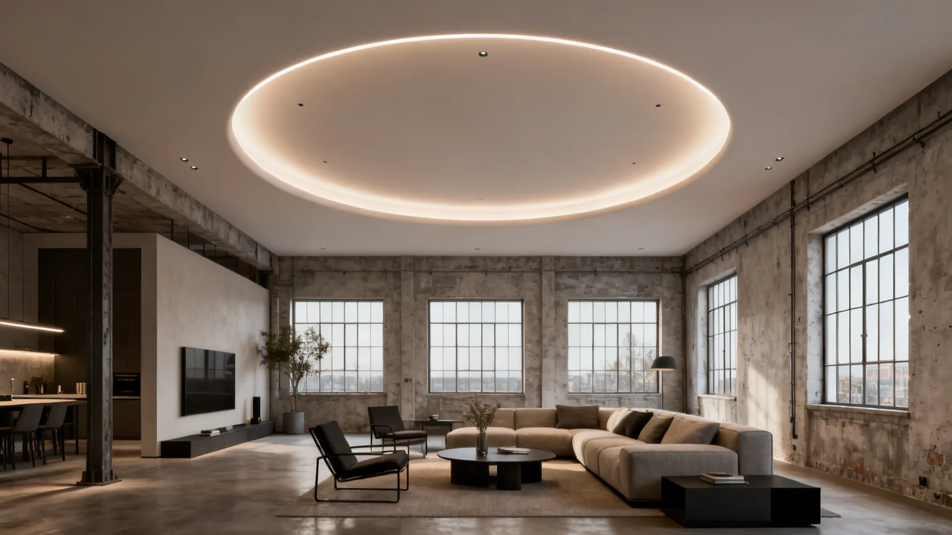 Loft living area with a recessed LED ring creating a halo effect that visually lifts the ceiling.