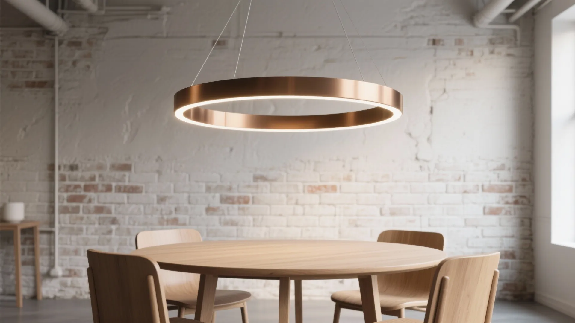 Modern dining room featuring a round wooden table and a large circular bronze ceiling light