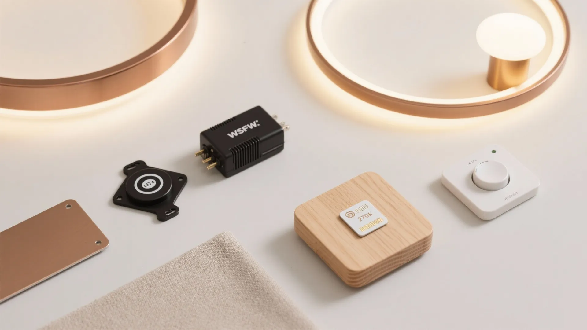 Electronic lighting components including a dimmer switch and light sensors laid on a white surface