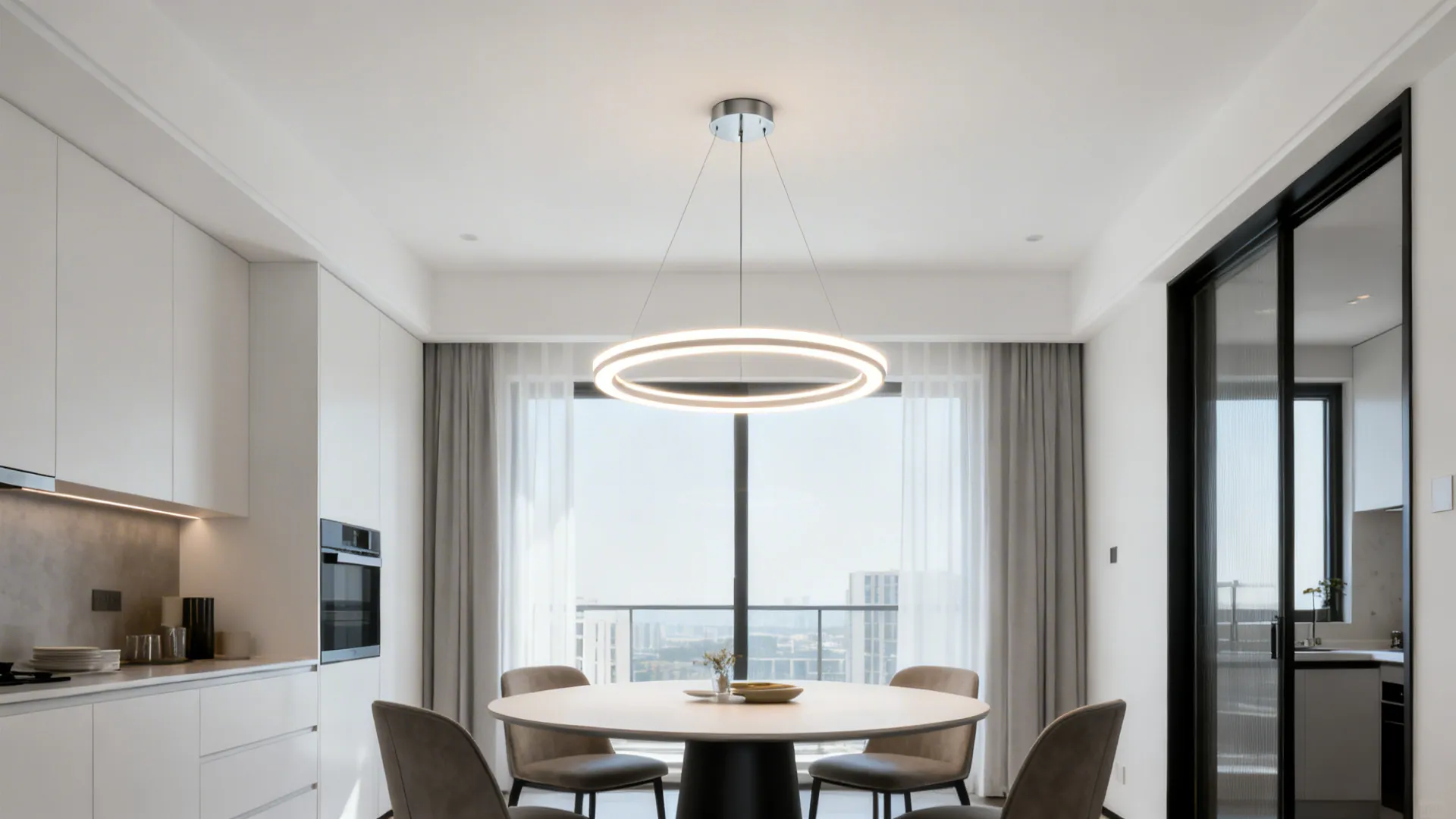 White dining room with a round table chairs curtains and a large glowing ring light