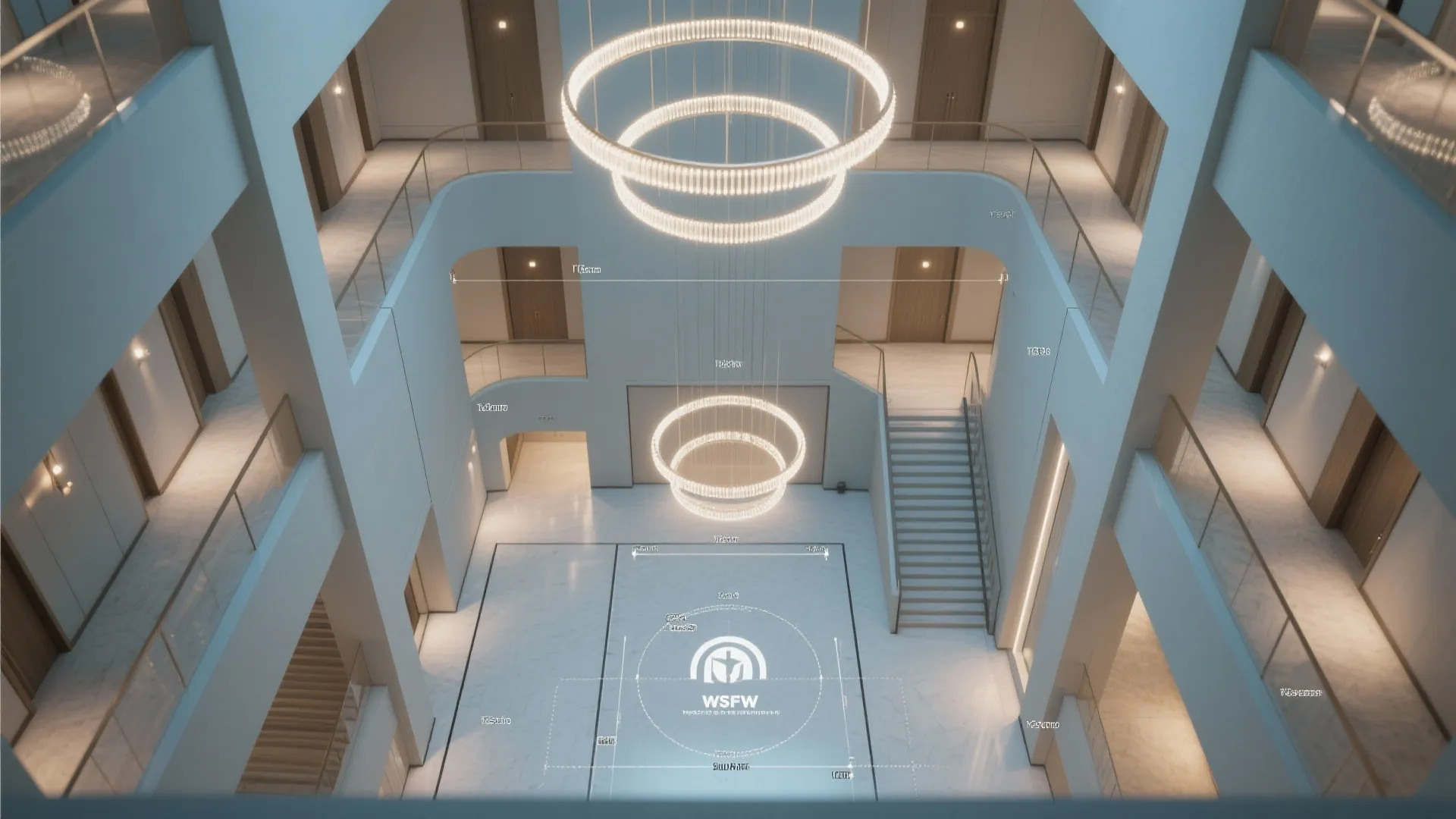 Contemporary LED Rings for a Double-Height Hall