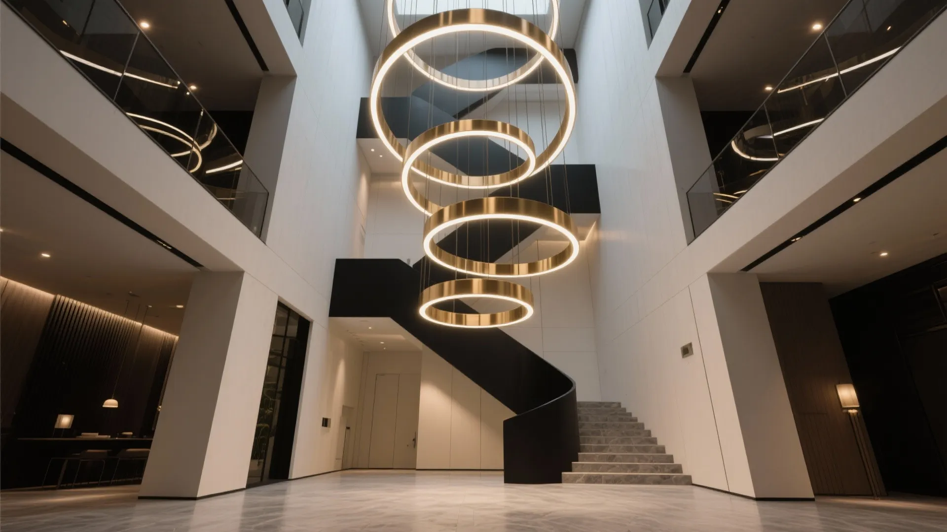 Contemporary LED Rings for a Double-Height Hall