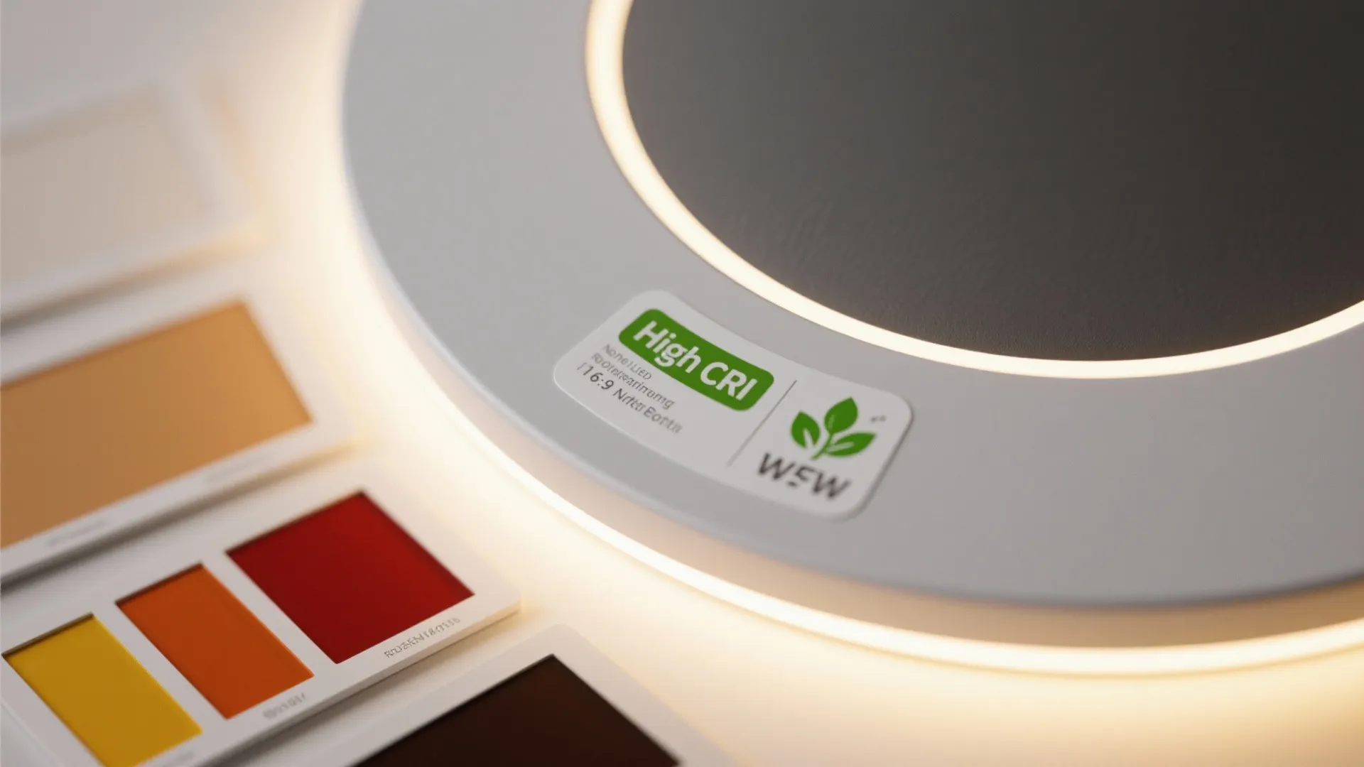 Close-up of an integrated LED round fixture with CRI and warm color temperature swatches