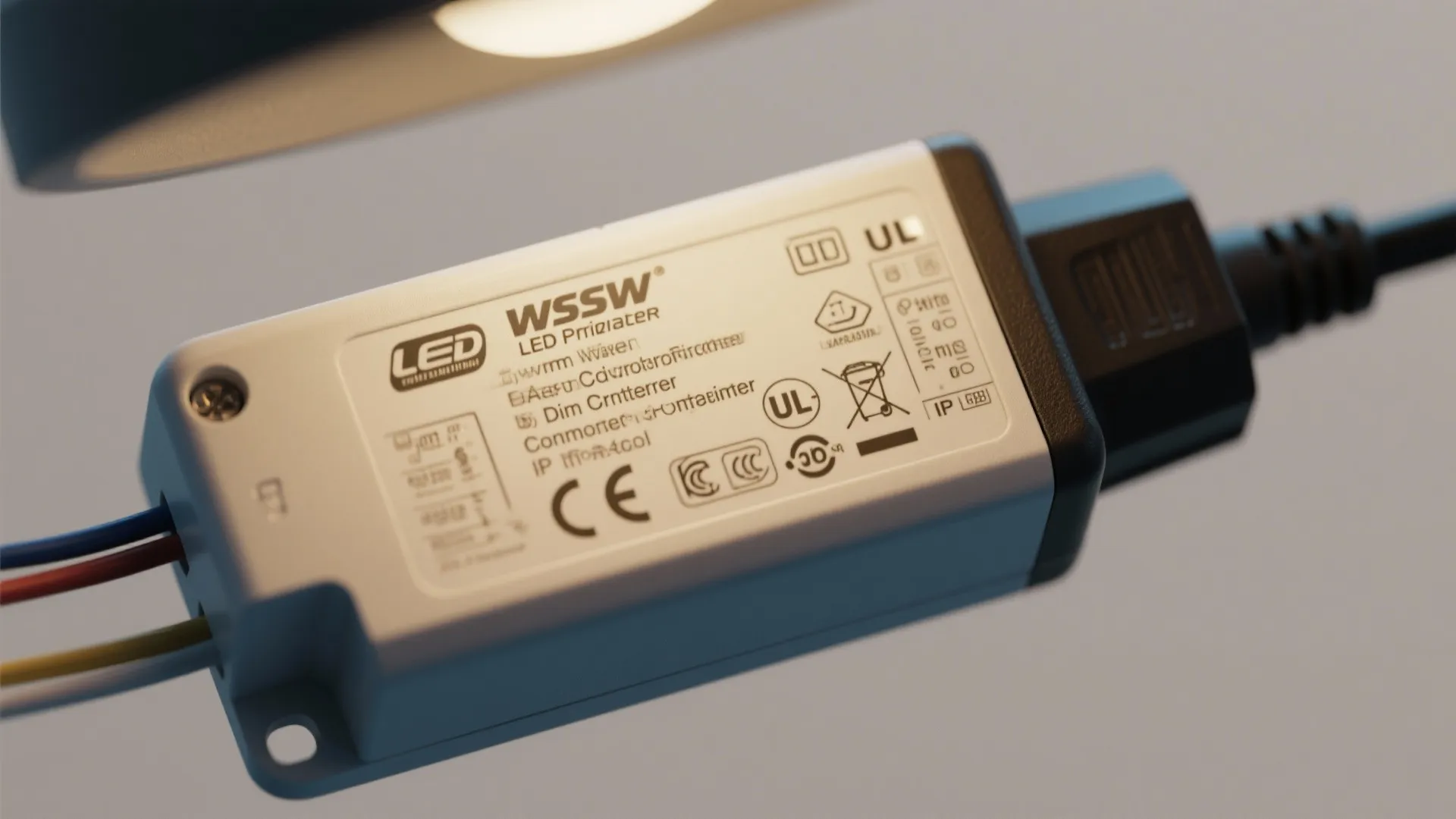 Close-up of an LED driver with UL/CE markings and labels for dimming and IP ratings