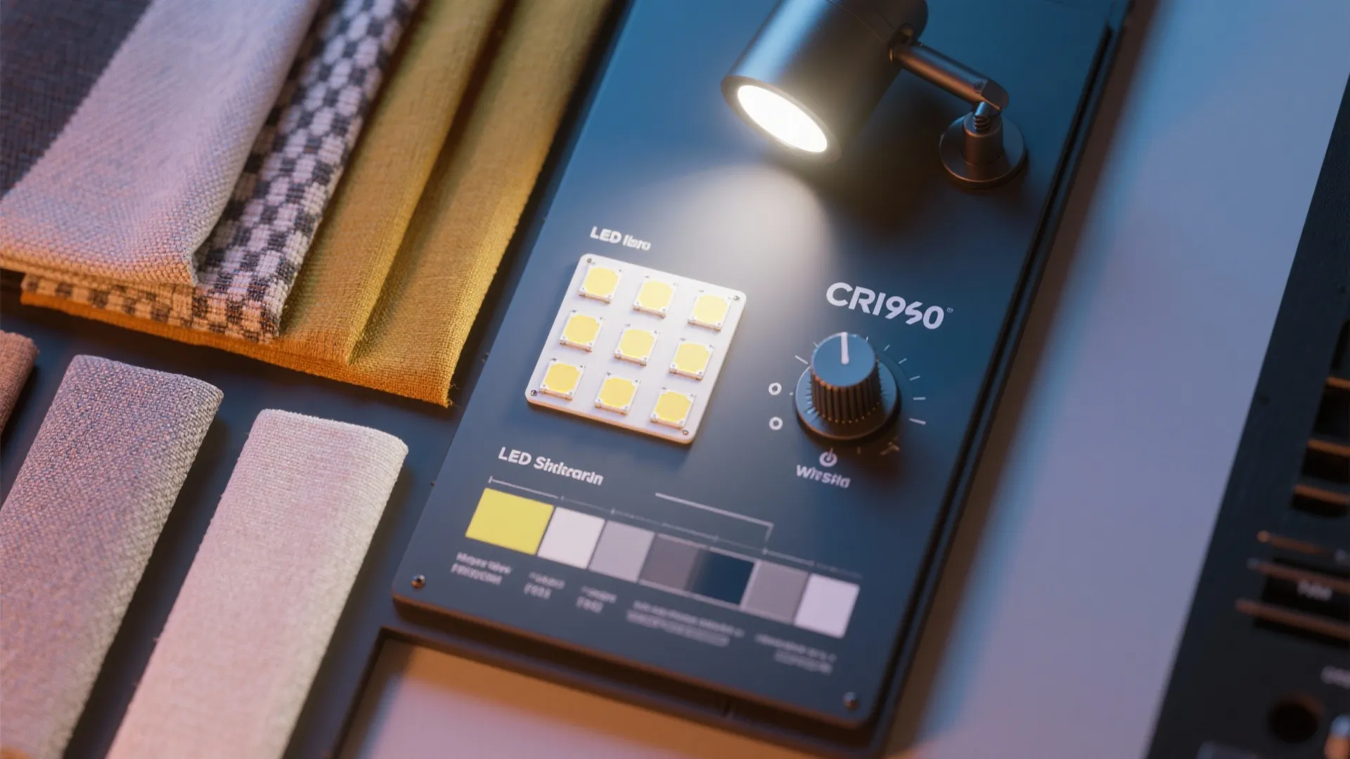 LED sample board showing CRI ≥90 chips and beam spread tests on different materials.