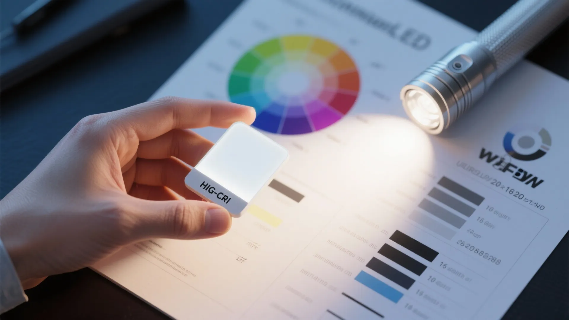 Hand holding an LED sample next to a color chart and a flashlight used for glare testing.