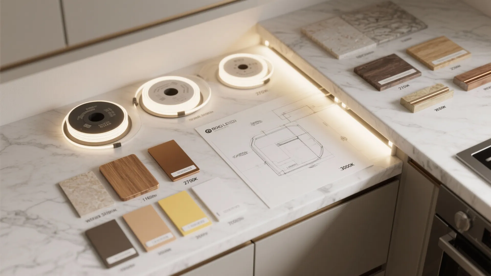 Flatlay of LED strip reels, color temperature chips, and material swatches for under-cabinet and toe-kick lighting planning.
