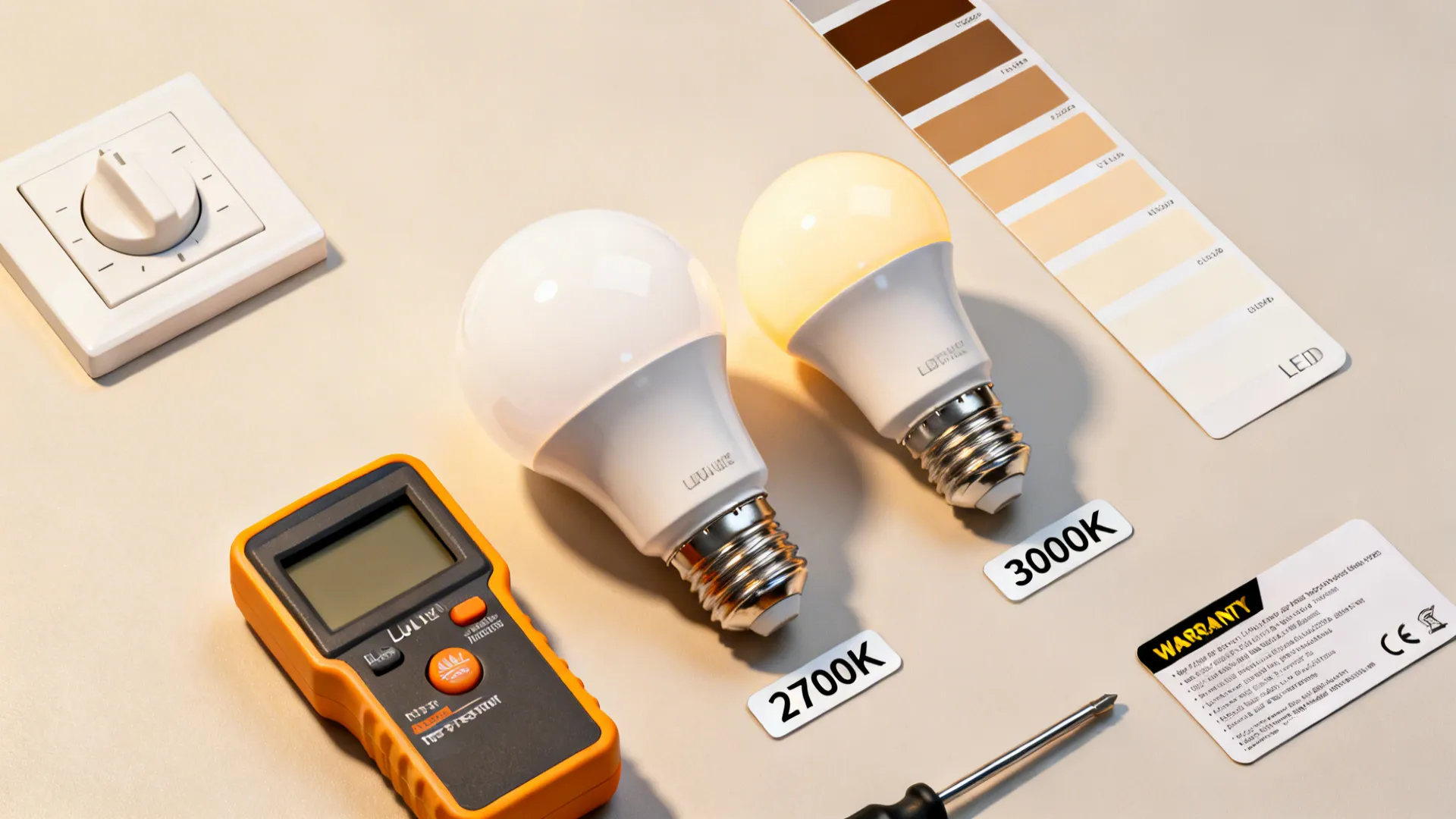 Two light bulbs with different color temperatures next to a testing meter and color chart