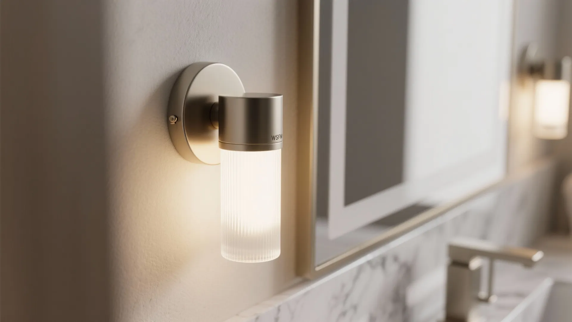 Modern cylindrical wall light with textured glass shade glowing next to bathroom mirror and sink