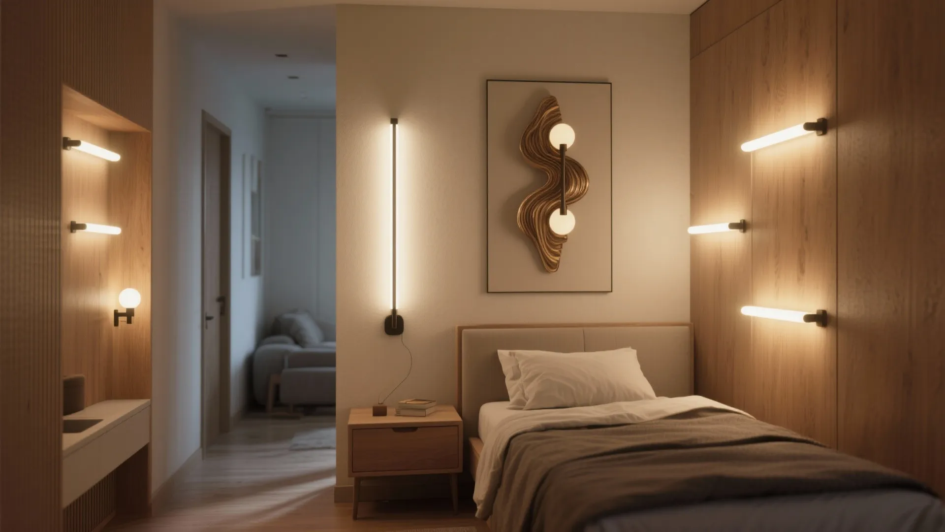 Modern bedroom with warm wall light fixtures mounted on wood panels near a cozy bed