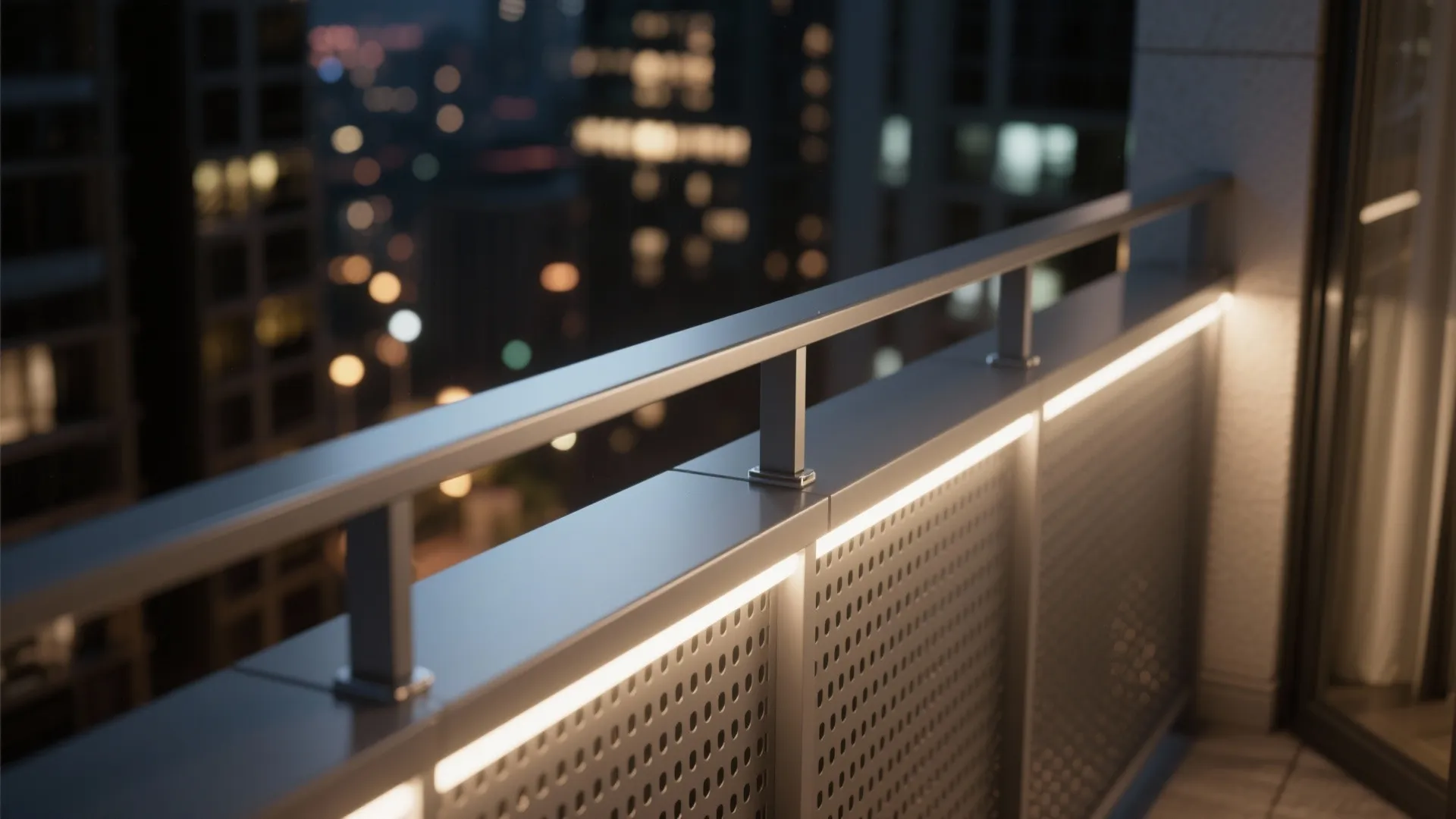 Close up view of metal balcony railing with built in led strip lighting at night time
