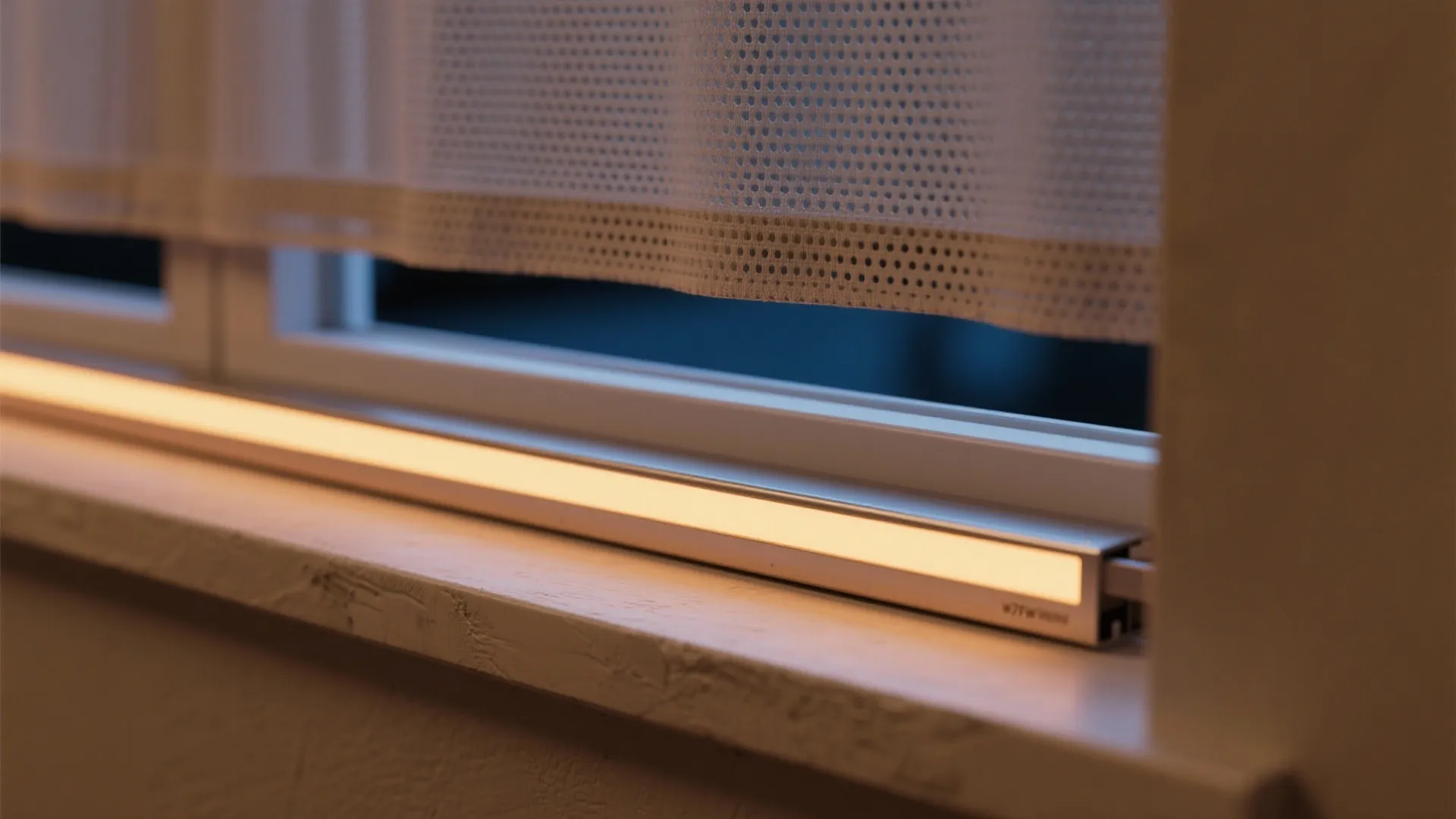Warm led light strip glowing on a white window frame with soft white net curtain