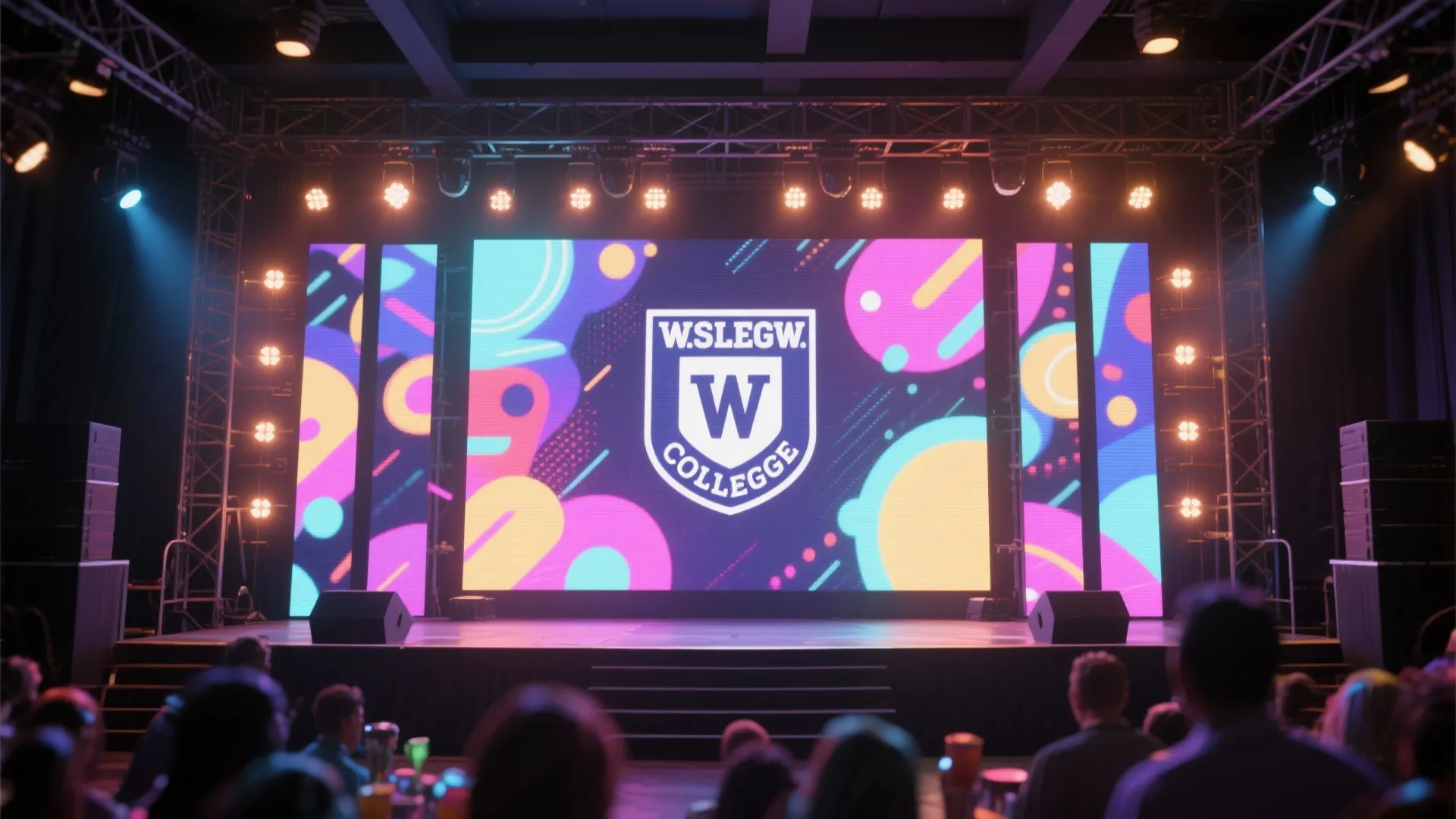 Large colorful led screen on a dark stage with warm ceiling lights and audience silhouettes
