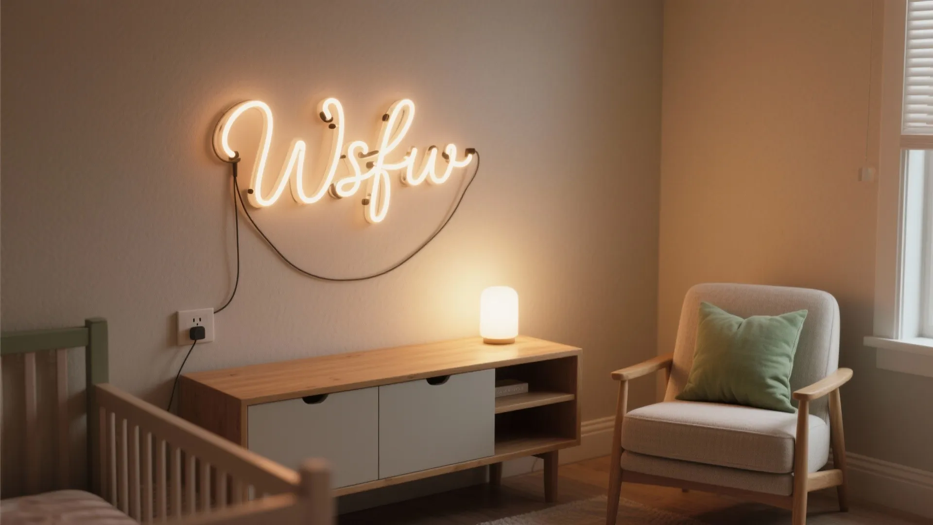 Warm LED neon-style script light glows above a console in a small neutral nursery with tidy cable cover.