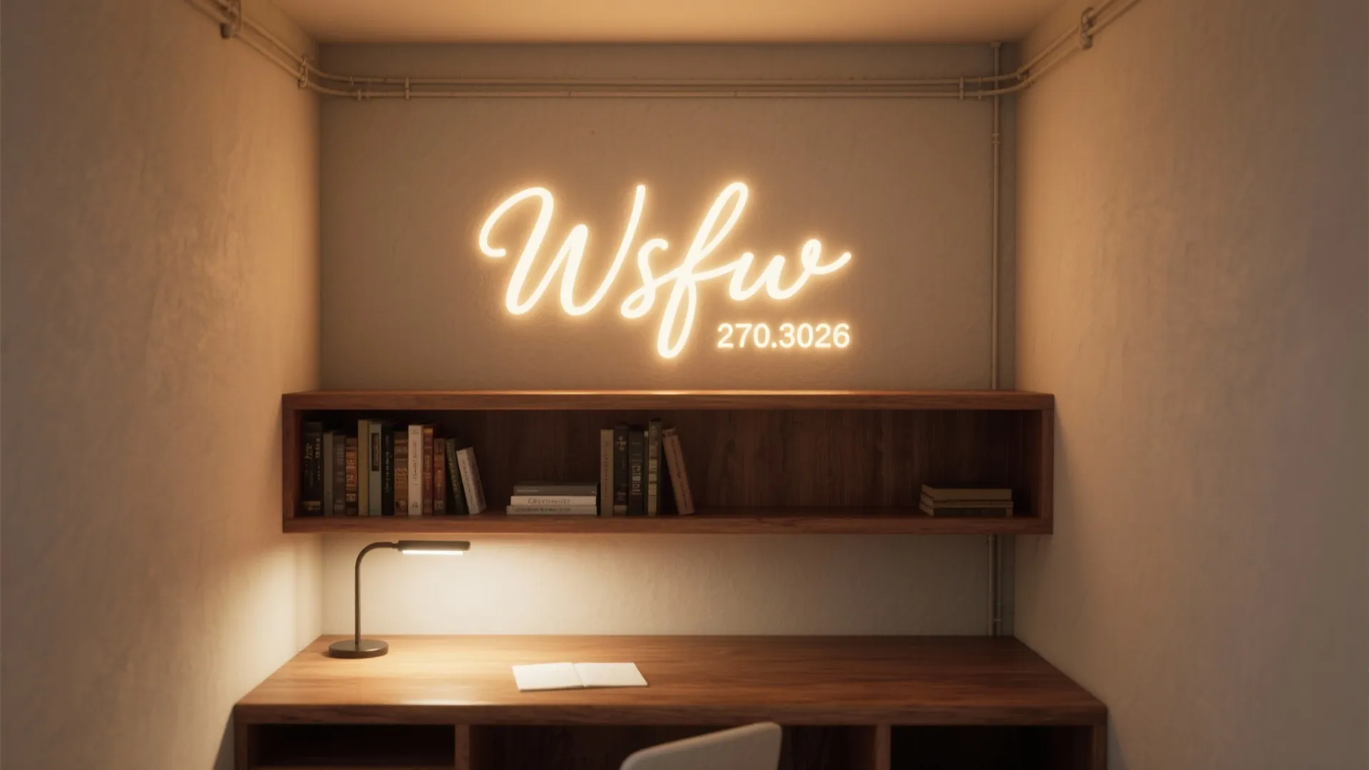 Small wooden desk with books on shelf and bright neon wall light in study room
