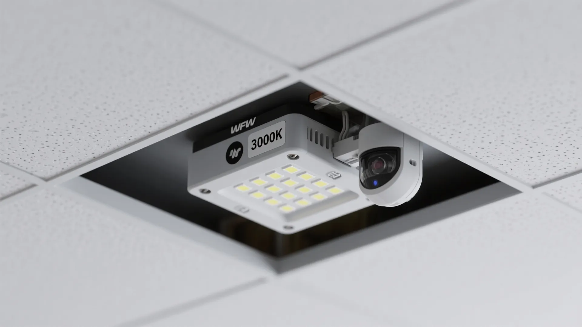 Close-up of LED module and occupancy sensor in a commercial ceiling with a 3000K label.