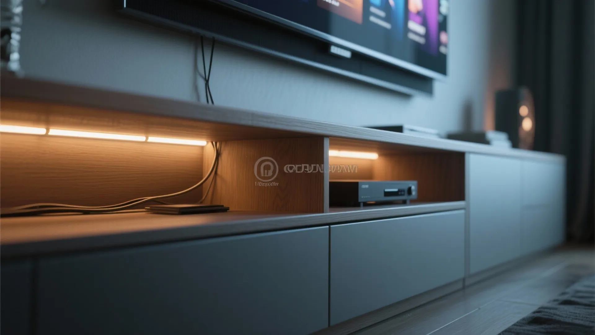 Close up of a wooden television cabinet featuring warm strip lights inside the storage shelf