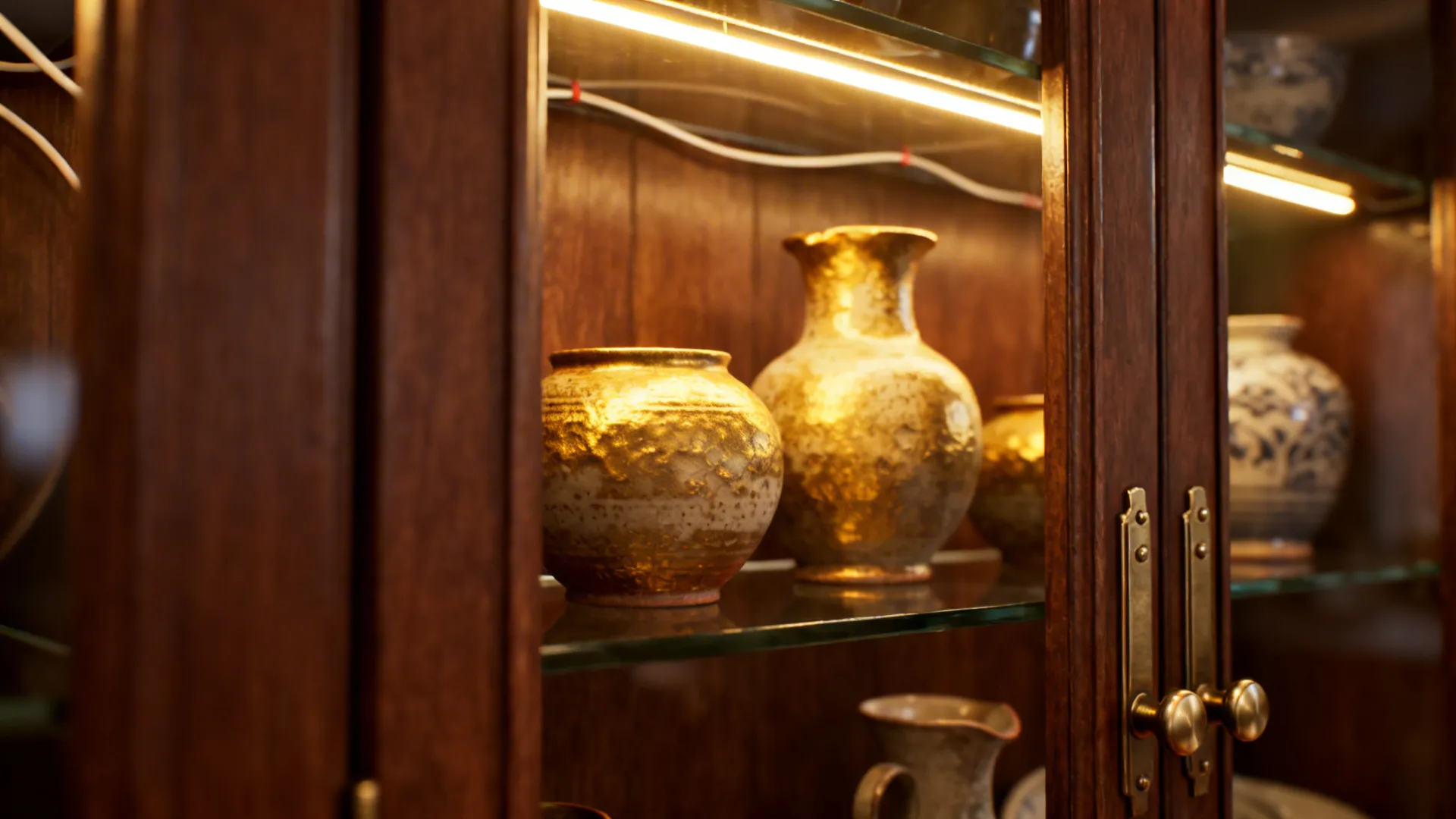 Close-up of warm LED strip lighting inside a walnut cabinet highlighting ceramics.