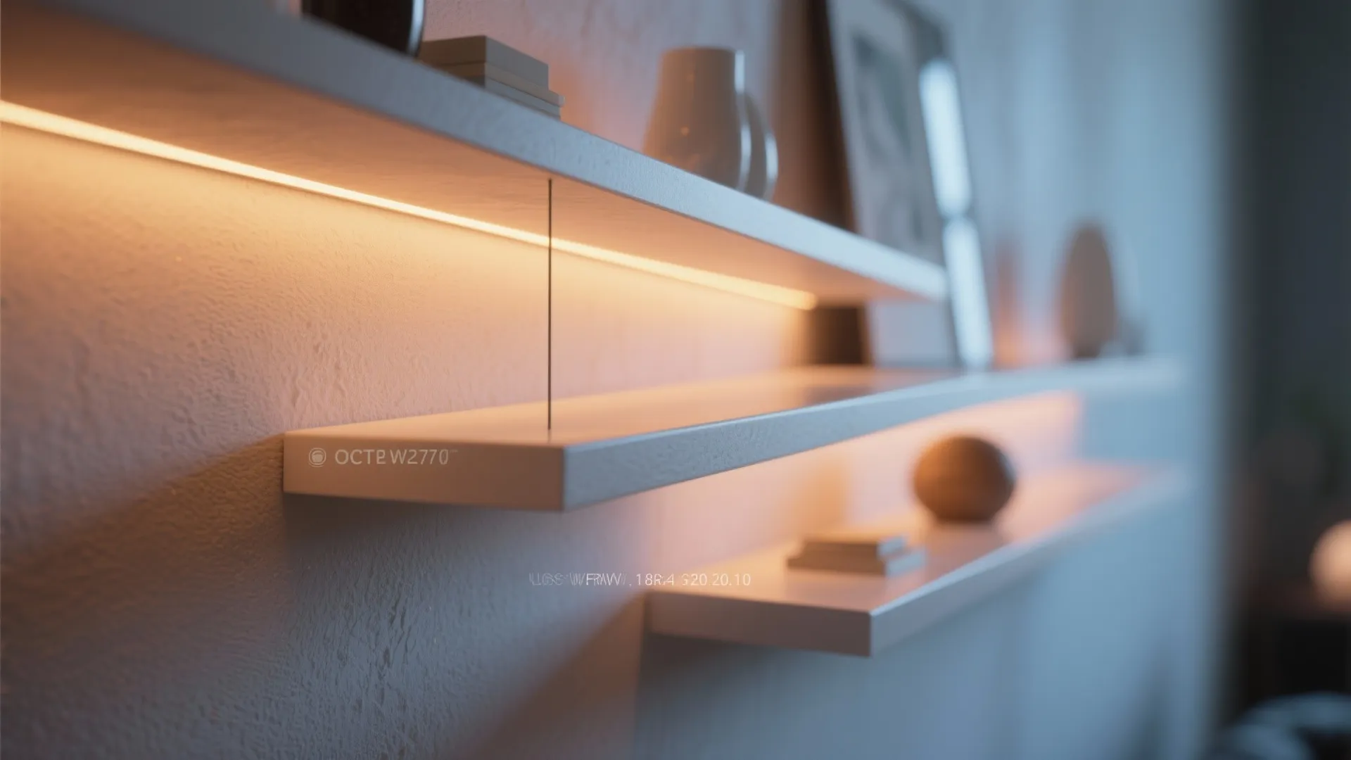 2. Warm LED strips under shelving and behind the TV