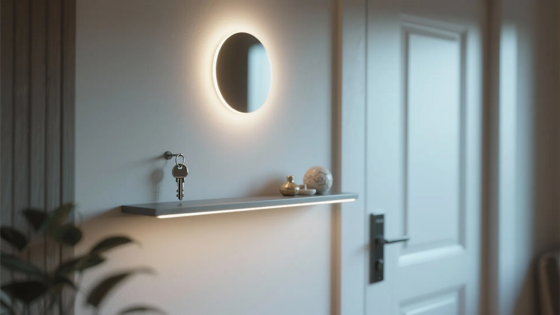 Slim shelf with an integrated round LED fixture providing display light in a compact entryway