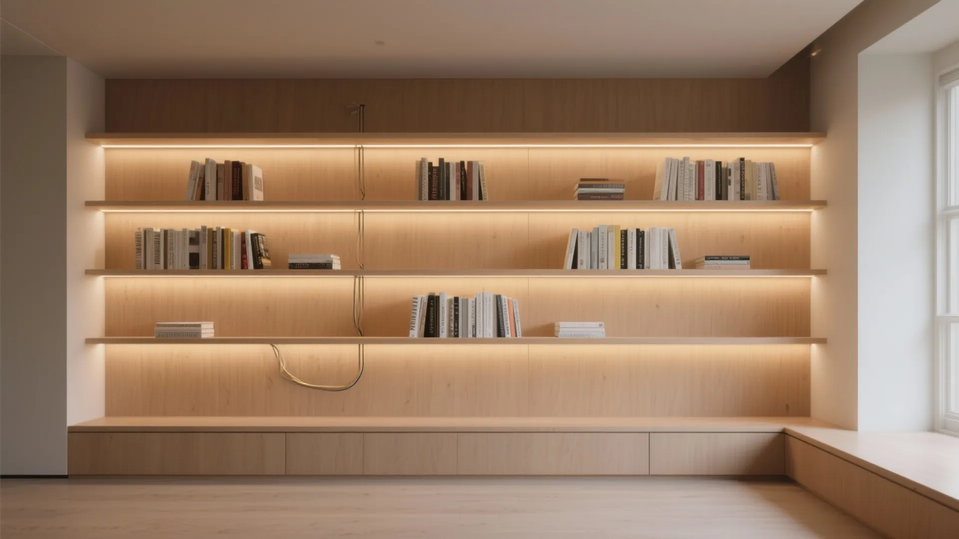 Built-in shelves with concealed warm LED strips lighting book spines evenly