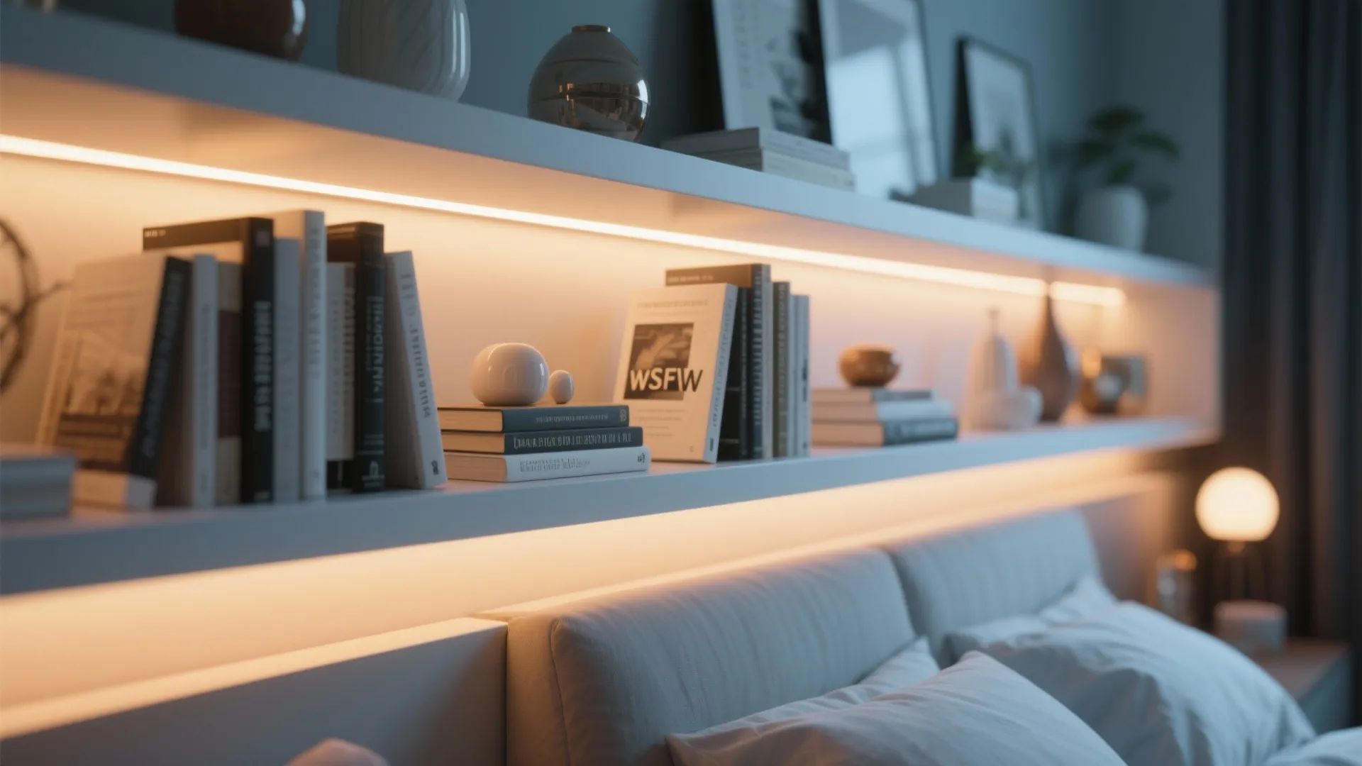 White wall shelves with warm light strips holding books and decor above a grey bed
