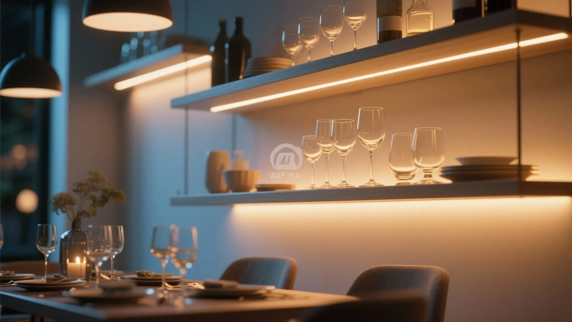 Dining room with warm led light strips under wooden shelves holding wine glasses and bottles