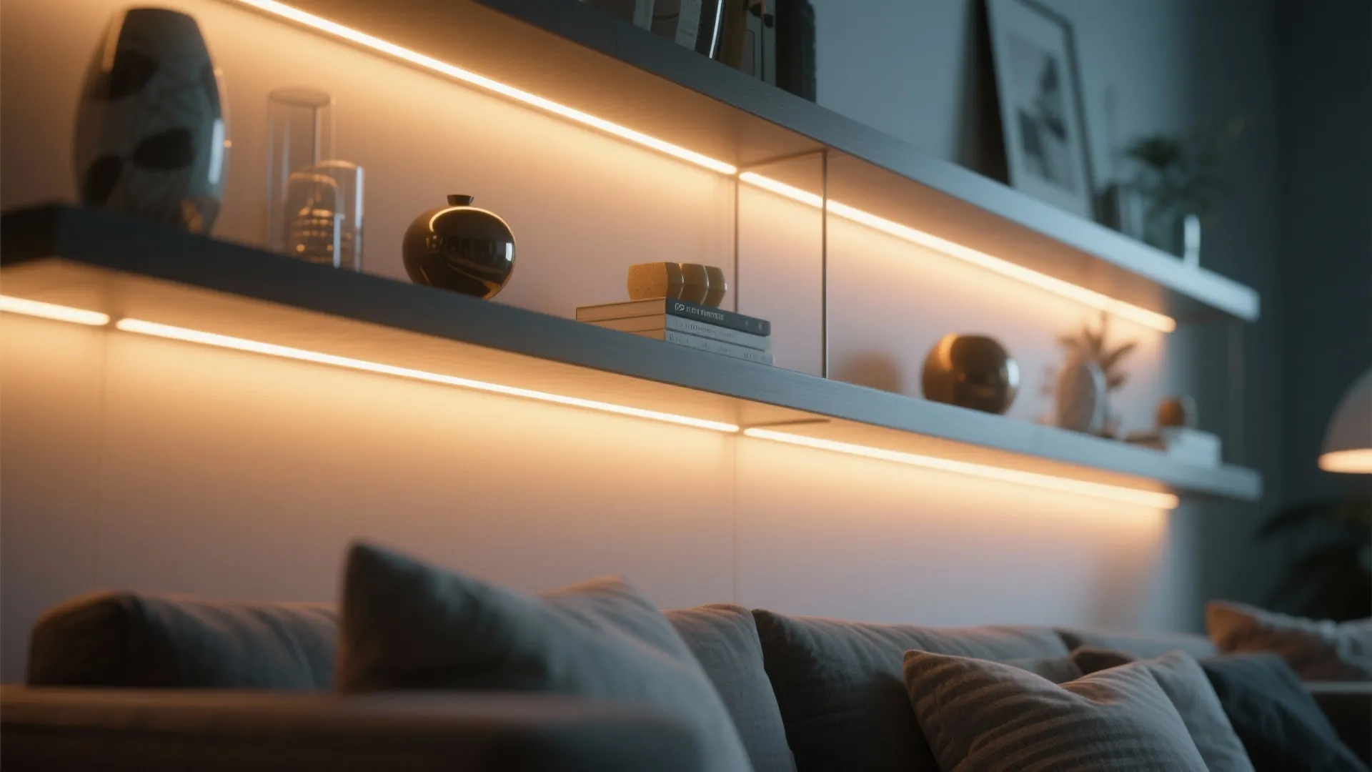 LED strip lights under shelves casting warm accent light